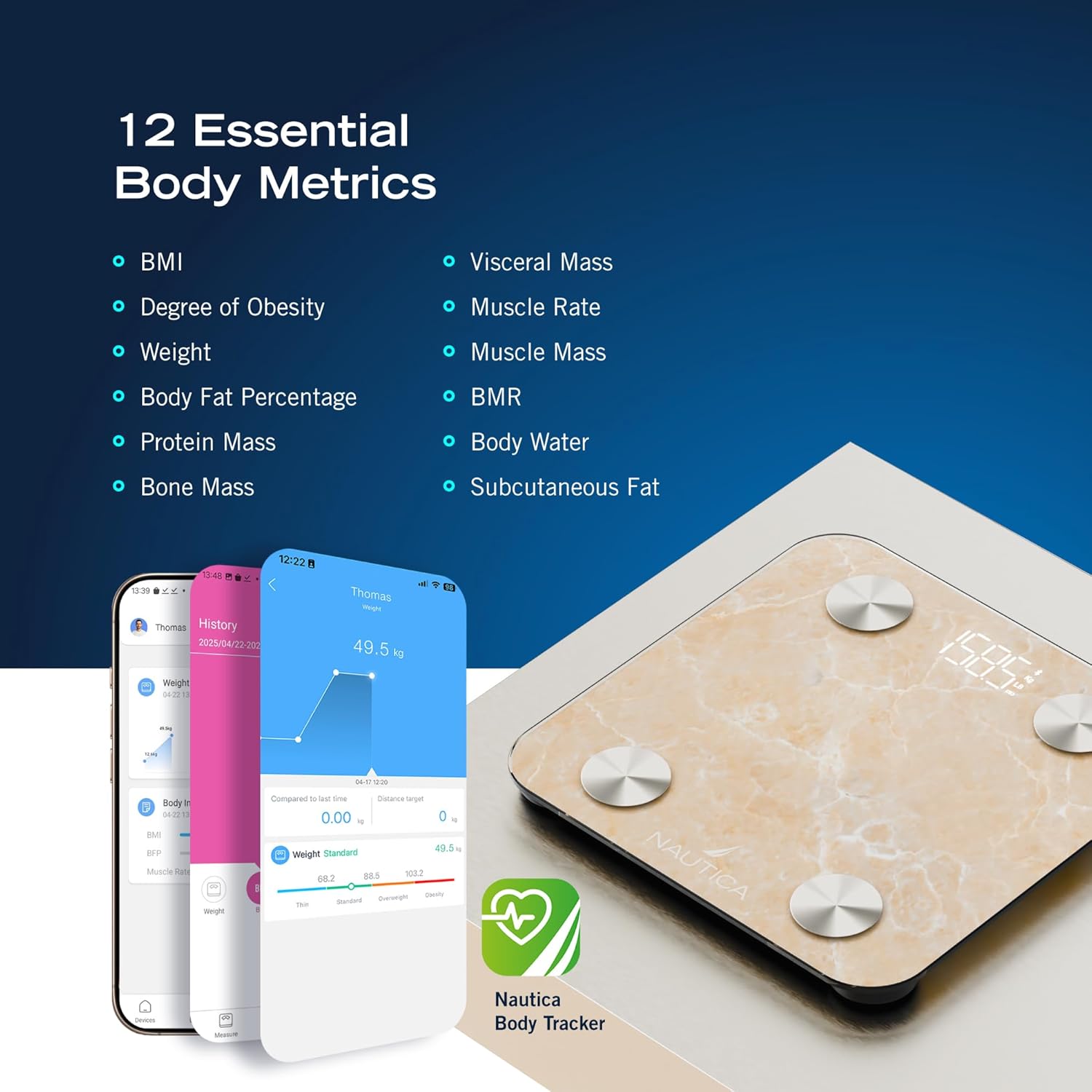Nautica Body Tracker Digital Bathroom Scale, Bluetooth-Enabled Smart Scale with BMI, Body Fat, Muscle Mass Tracking & More, Syncs with Smartphone App for Body Composition Tracking, 396 Lbs.