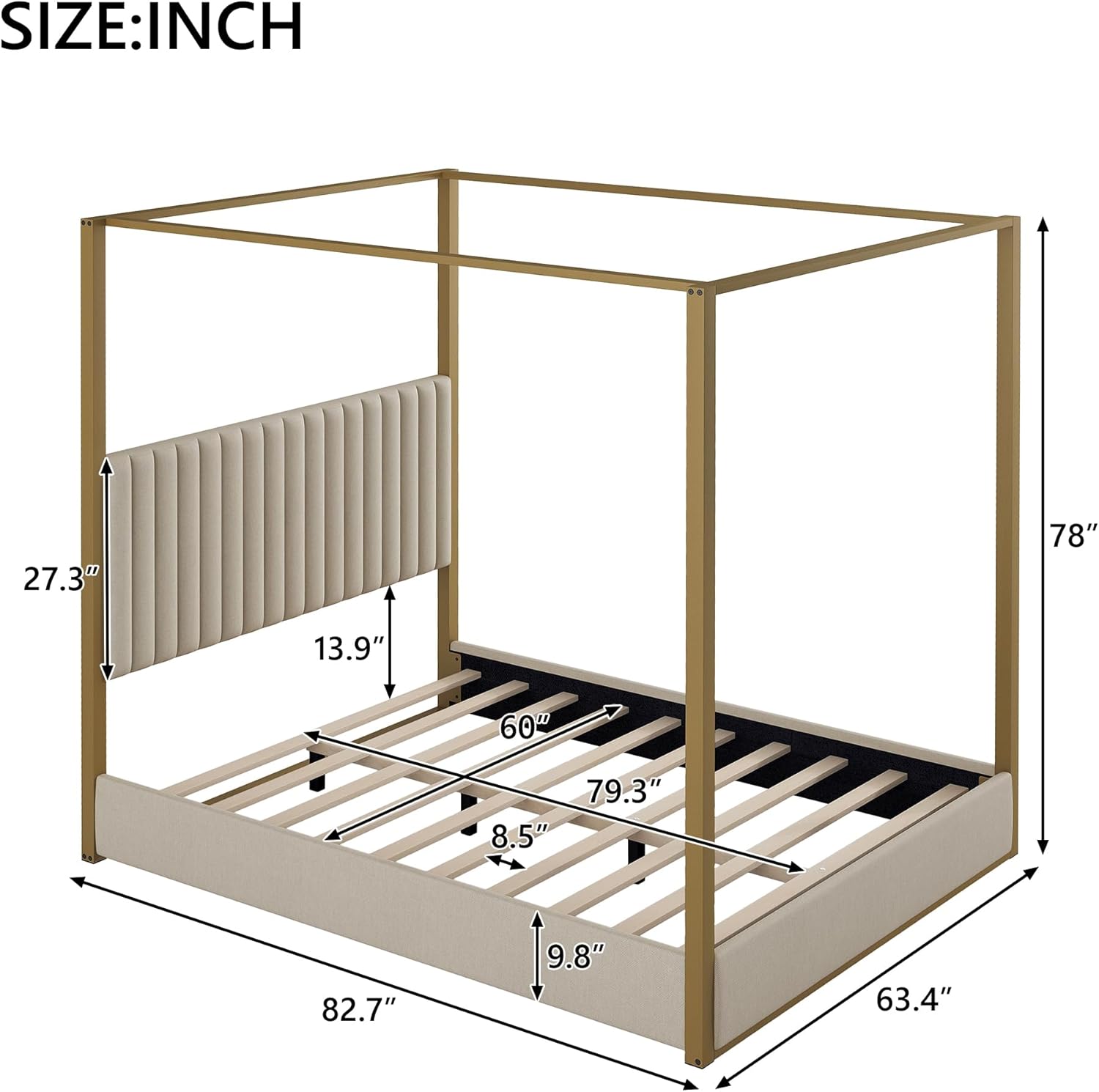 Queen Size Upholstered Canopy Platform Bed Frame with Headboard and Metal Columns, No Box Spring Needed, 500 Lbs Weight Capacity (Beige)