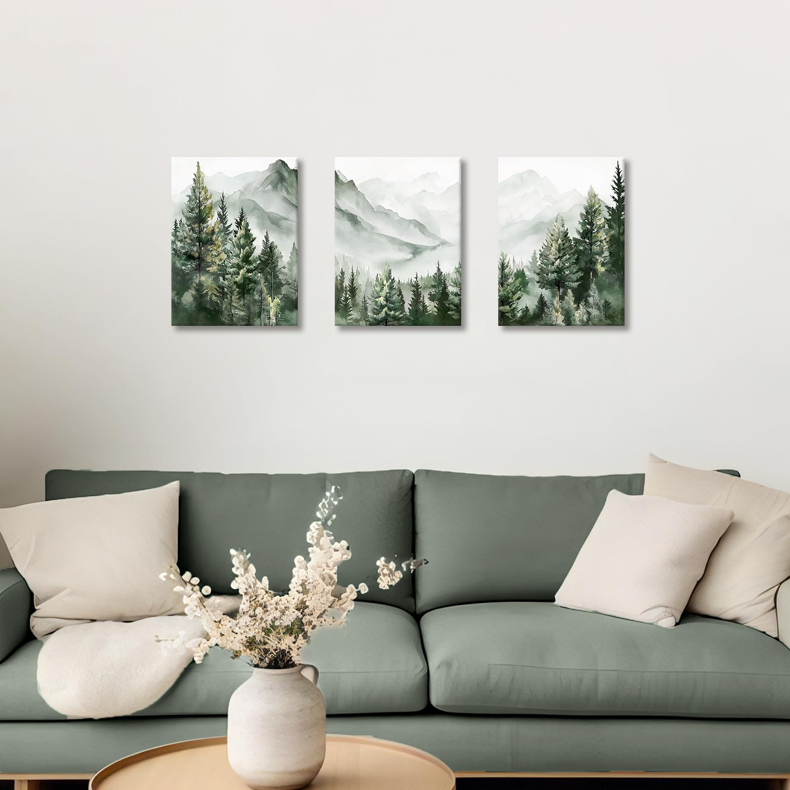 3 Pcs Wooden Framed Canvas Wall Art Set Bohemian Sage Green Canvas Prints Poster Geometric Line Beige Green Pictures for Living Room Bedroom Dinning Room Hallway Stairs Wall Decor 30x40cm x3pcs — view 93