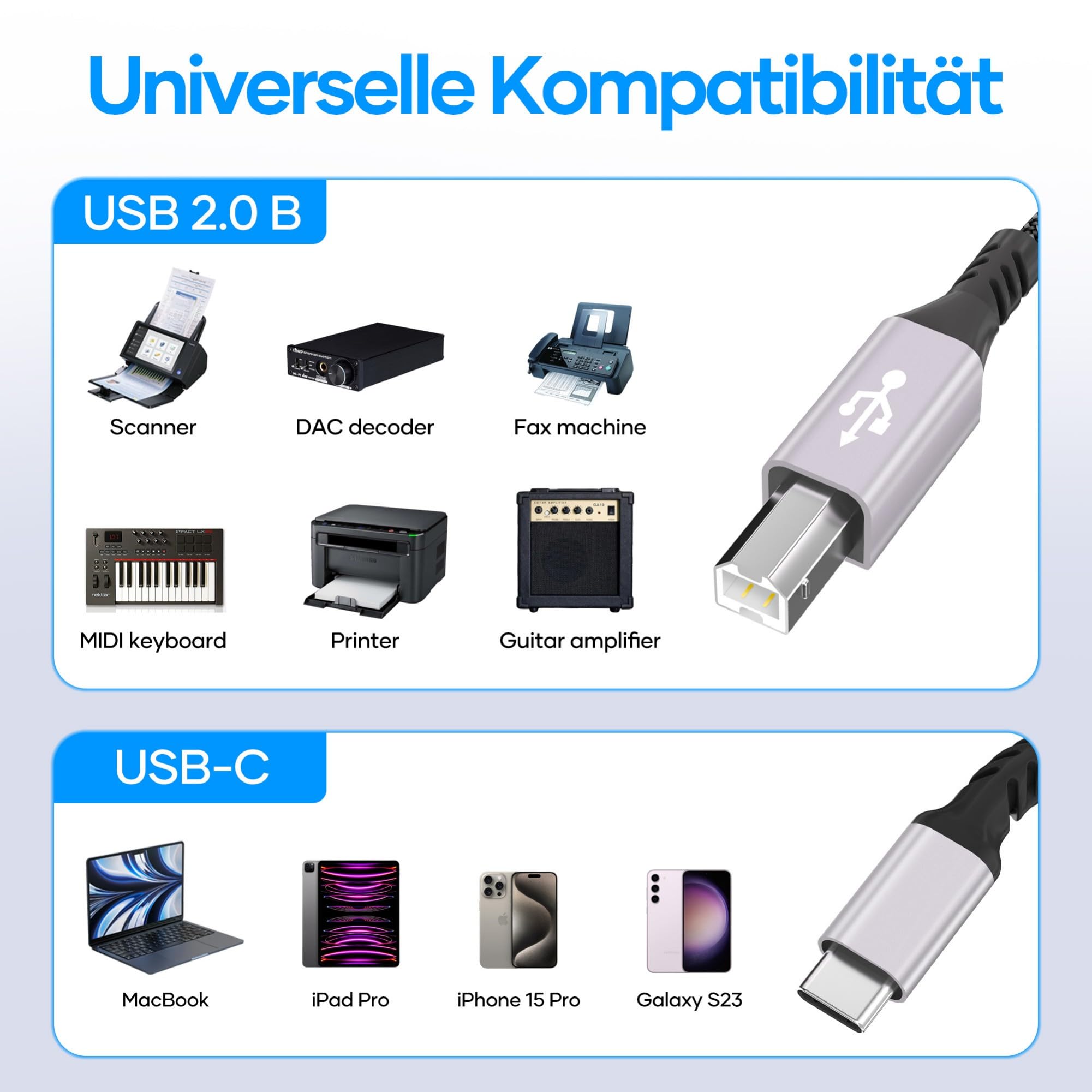 Druckerkabel USB B Auf USB C, 3 M – Nylon-Kabel Kompatibel Mit MacBook, Dell XPS, Huawei Matebook (Grau)