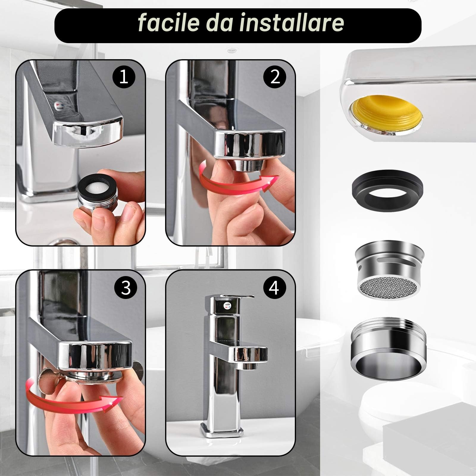 Rompigetto M24, 6 pz. Aeratore Rubinetto Filtri Rubinetti Lavandino per Cucina e Bagno, con Filtro in Acciaio Inox e ABS tra cui 8 Guarnizioni e 1 Chiave Cromata
