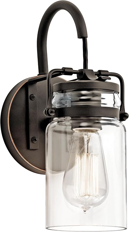 Kichler Brinley 11.5" Wall Sconce in Olde Bronze®, 1-Light, Vintage Wall Mount Light with Clear Glass, (11.5" H x 5" W), 45576OZ | Mason jar clear glass adds warm ambient light for hallways, bathrooms and bedrooms, 45576OZ