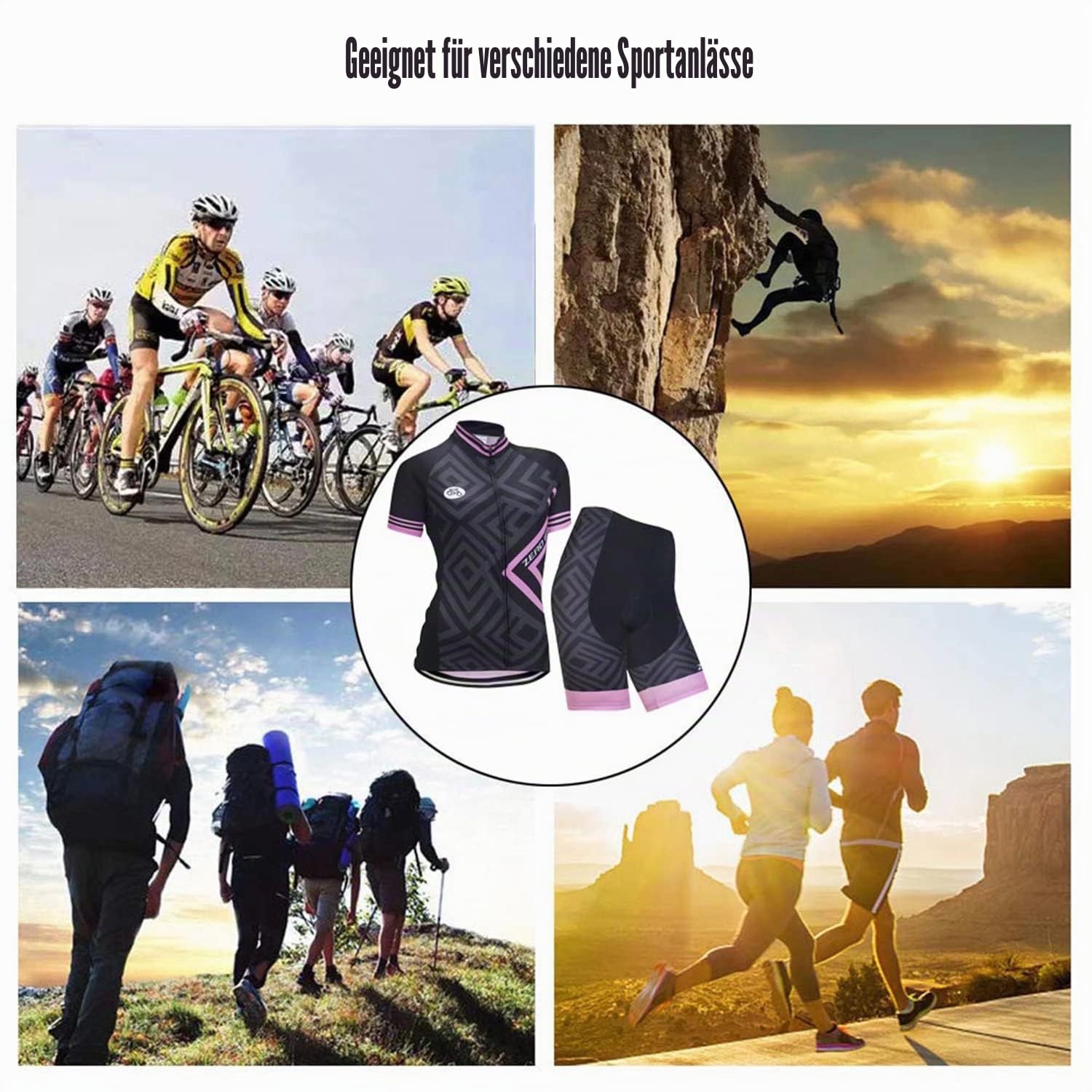 Damen Atmungsaktiv Schnelltrocknend Fahrradtrikot Set, Outdoor Kurzarm Radsport-Shirt + 3D Gel Gepolsterte Kurze Hose Fahrradhose