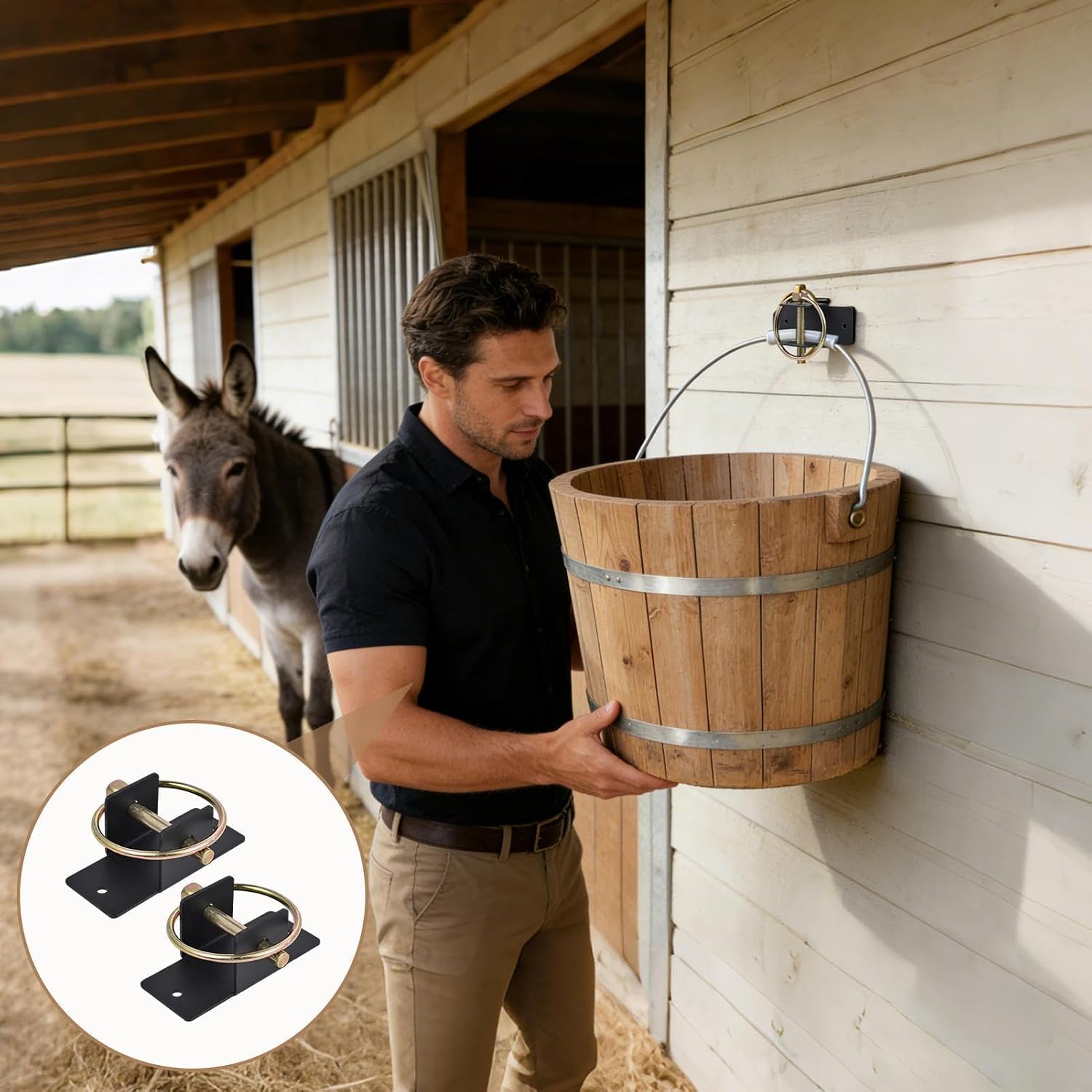 Barn Bucket Hook Feed Holder Hanger with Pin | Locking Feed Bucket Bracket for Stall Stable Barn Fence Kennel Tractor Horse Livestock