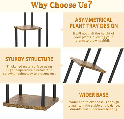 Miniatura 4 de Soporte para plantas de 3 niveles para interiores, soporte de esquina de metal de madera escalonada, soporte para macetas, estante de madera para