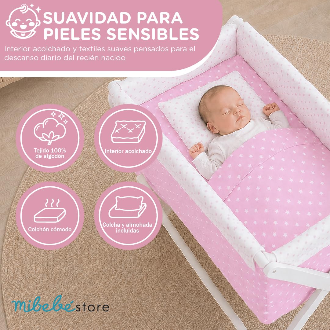 mibebestore Minicuna de Tijera Plegable de Madera con Ruedas y Frenos – Incluye Colchón, Colcha, Almohada y Textil 100% Algodón – hasta 9 Meses – Blanco/Rosa