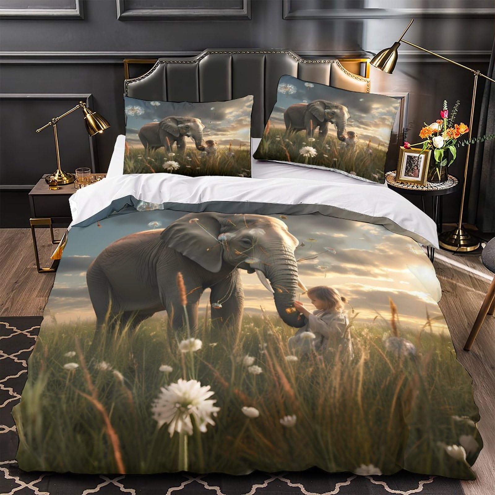 Housse de couette éléphant 3D 135x200 parure de lit microfibre douce homme
