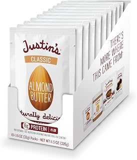 JUSTIN'S Classic Almond Butter Squeeze Packs, Gluten-Free Keto-Friendly 1.15oz (10 Pack) - Portable Protein Snack
