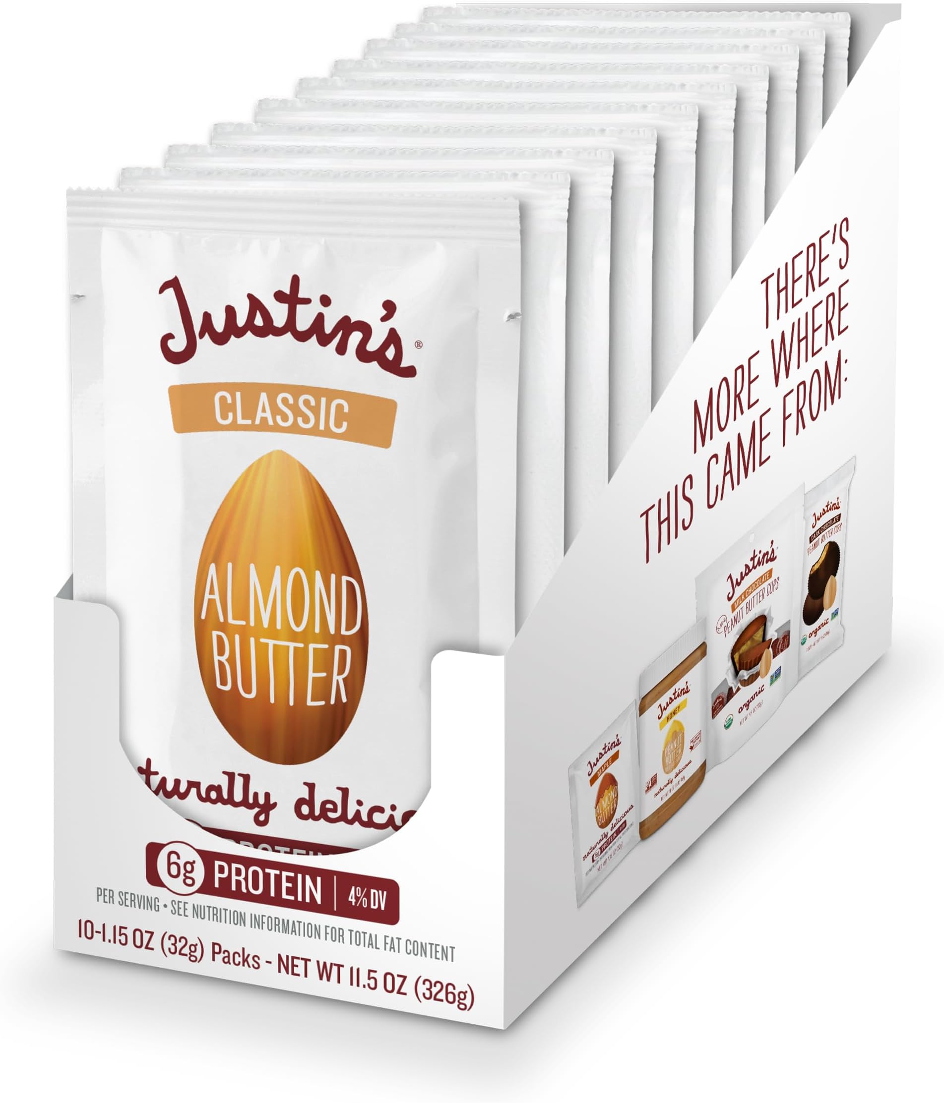 Classic Almond Butter Squeeze Packs by Justin's, Only Two Ingredients, Gluten-, Non-GMO, Keto-friendly Responsibly Sourced, Pack of 10 (1.15oz each)