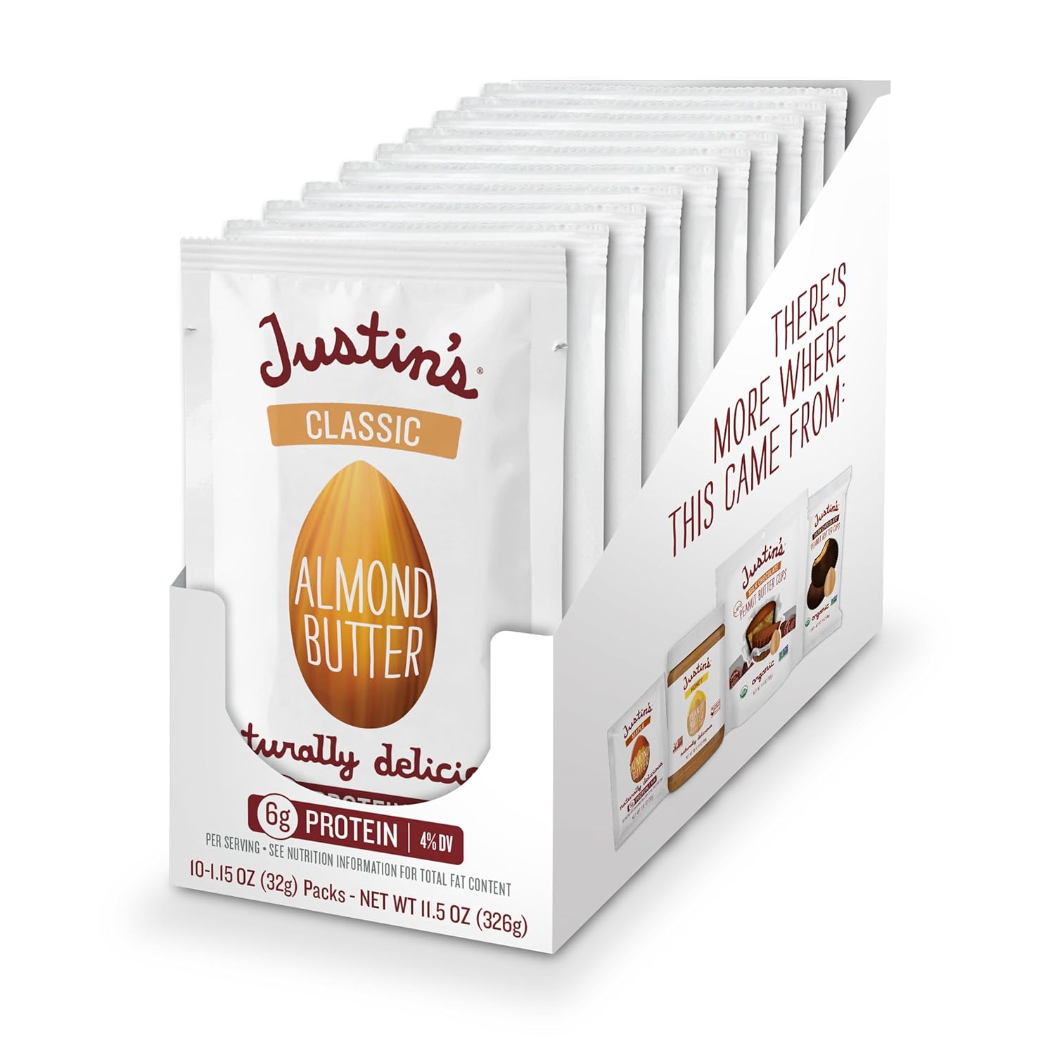 JUSTIN'S Classic Almond Butter Squeeze Packs, Gluten-Free Keto-Friendly 1.15oz (10 Pack) - Portable Protein Snack