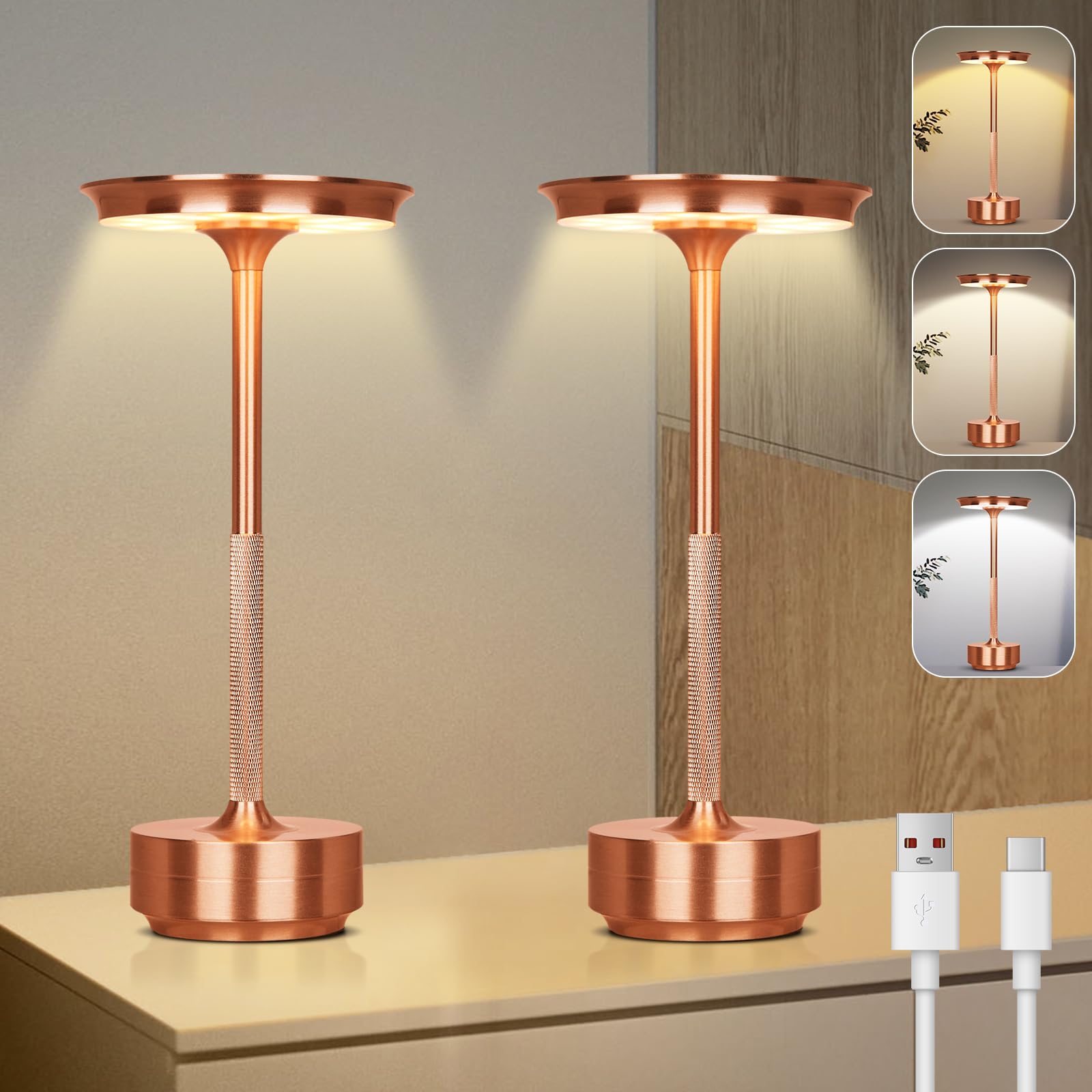 Lámpara Mesa Inalámbrica LED Recargable - Juego De 2, 3 Colores, Brillo Ajustable - USB-C