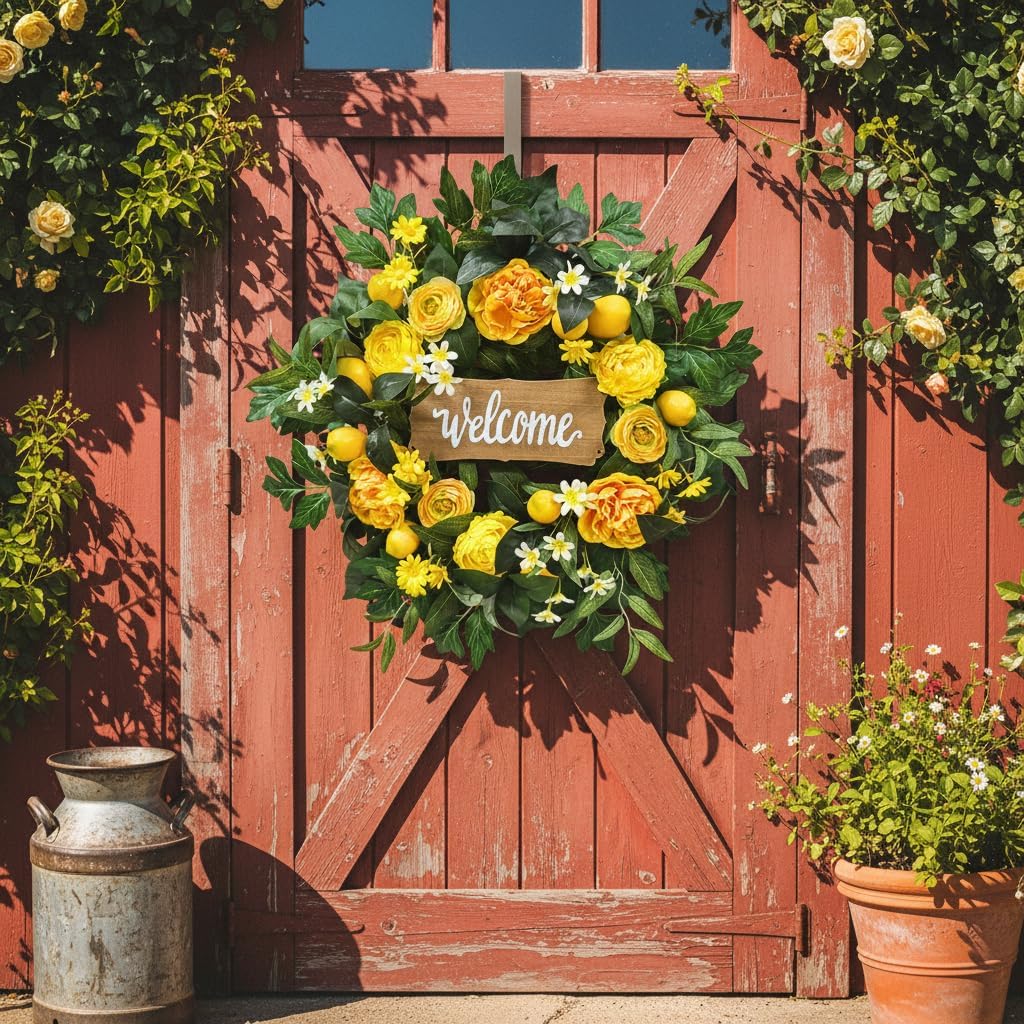 22 Inch Lemon Wreath for Front Door with Welcome Sign Large Artificial Spring Summer Wreath with Yellow Peonies, Greenery & White Blooms, Rustic Farmhouse Porch & Wall Decor