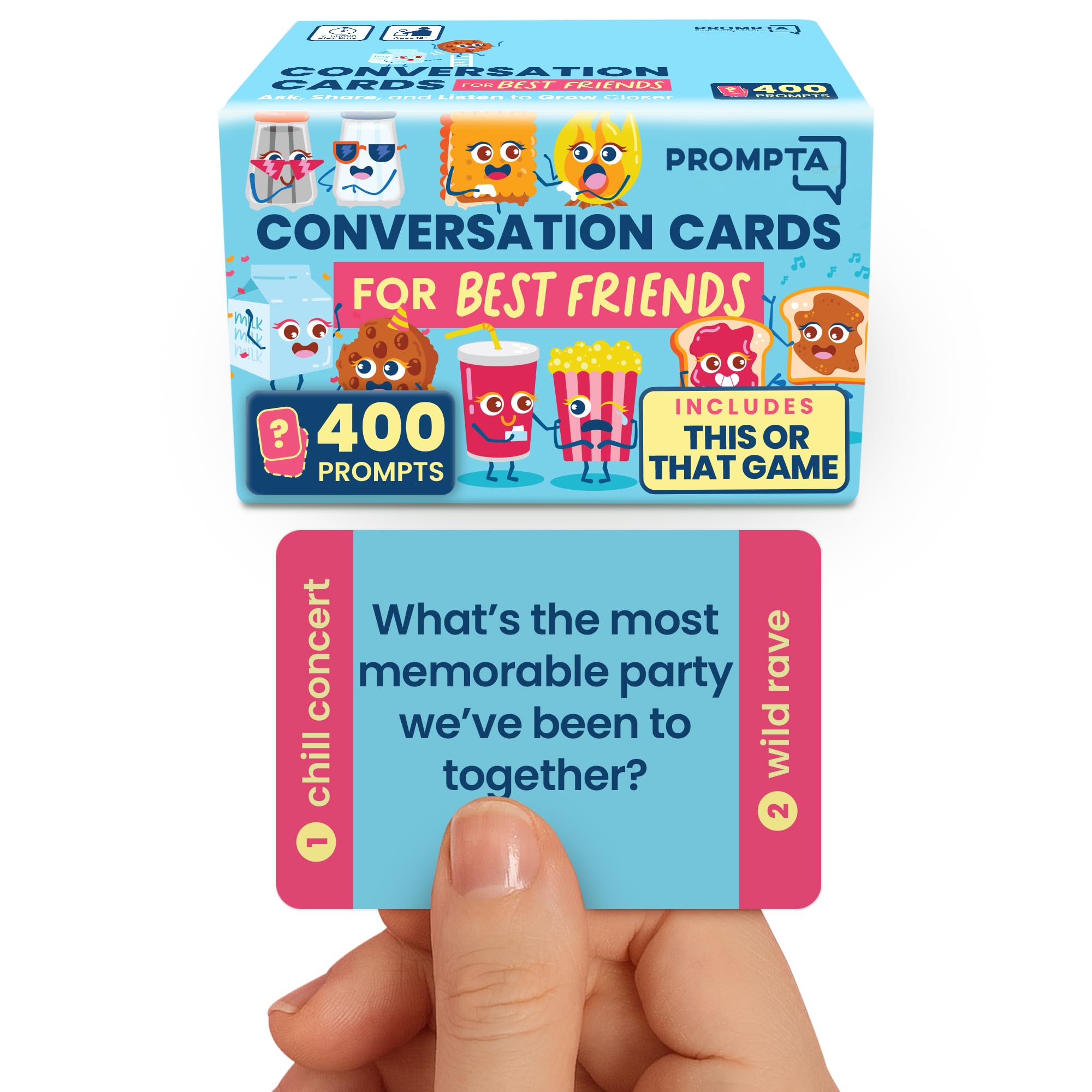 Prompta 400 Conversation Cards for Best Friends – Fun, Deep Questions for Adults, Teens, or Couples – Get to Know Your Bestie Even Better with Questions Plus This or That Game – 2.5" x 1.75" Cards