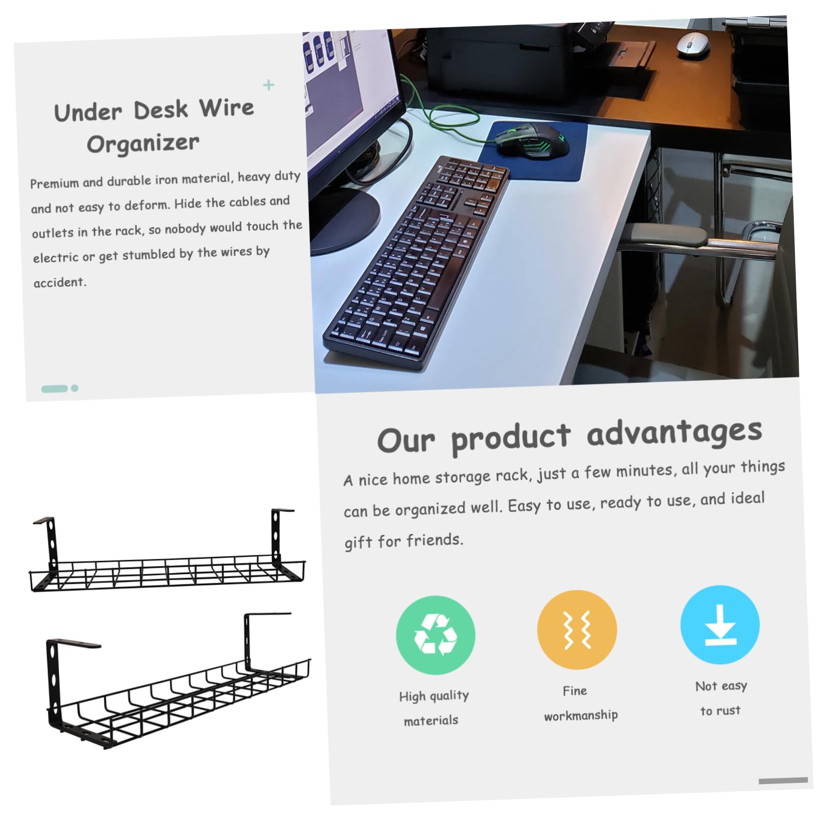 Organizador de Cables Debajo del Escritorio Bandeja Metálica Resistente para Gestión y Almacenamiento de Cables Soporte para Regletas y Organizador de Alambres Oficina y Hogar