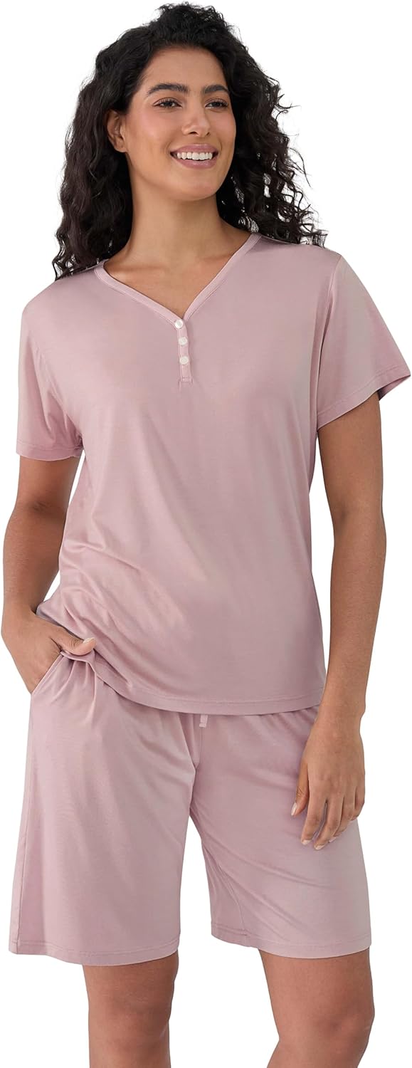 Joyaria Cooling Pajamas Bamboo Viscose PJs Bermuda Shorts Set Women Henley Neck Summer Moisture Wicking Sleepwear