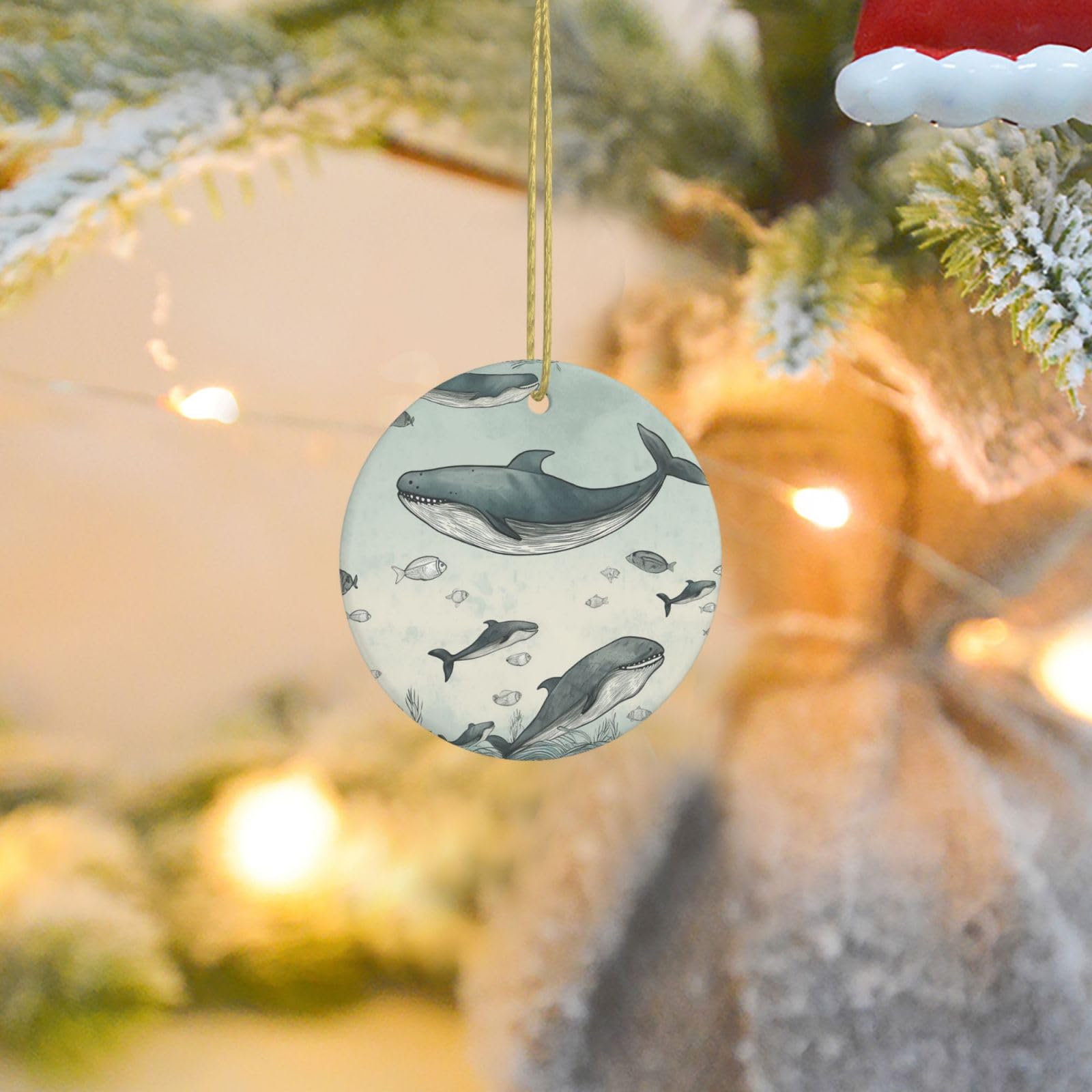 Christmas Ornaments for Christmas Tree Decoration Ceramic Hanging Baleen Whale Ornament with Gold Ribbon Crafts Round Pendant for Keepsake Gifts Glass Xmas Decor Party Supplies