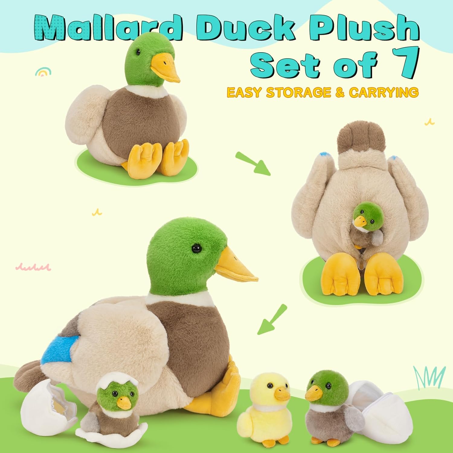 MaoGoLan 6Pcs Plush Duck Toys 16'' Mallard Mom with 4 Ducklings & Eggs Inside - Duck Stuffed Animals Bulk for Girls Valentines Gifts Party Favors Decorations Christmas Birthday