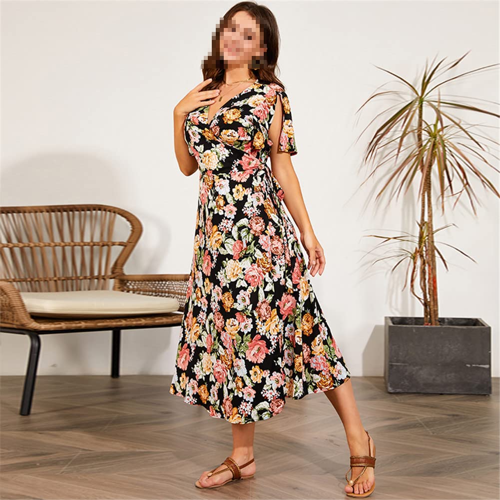 Vsadsau Vestido largo de gasa de verano para mujer, manga corta, cuello en V, talla grande, estampado floral, vestido midi casual