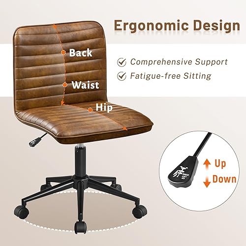 Miniatura 5 de Furniliving Silla de oficina de cuero con ruedas, silla de escritorio sin brazos, silla giratoria de 360 para computadora con respaldo medio, sillas