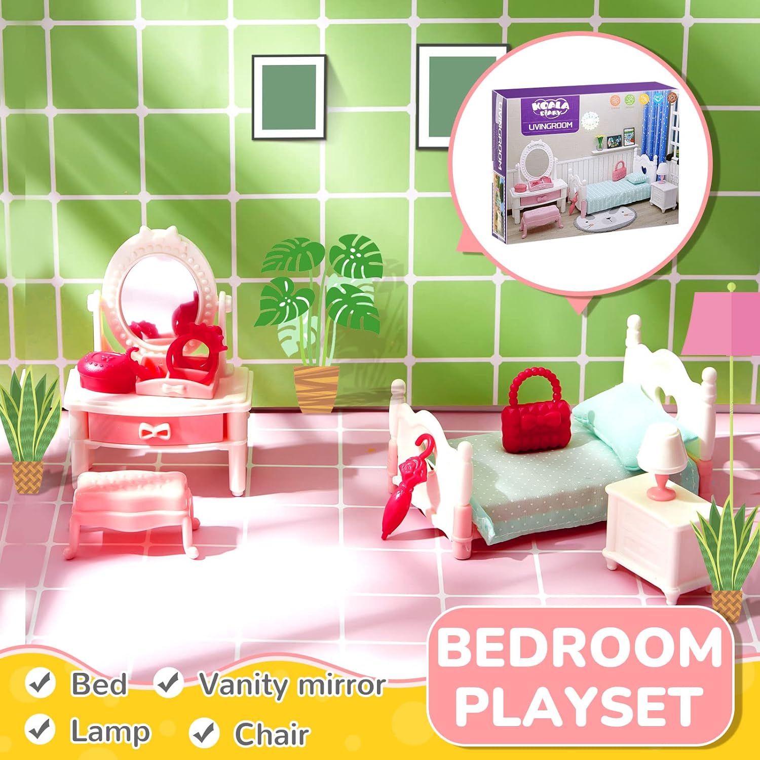 30 Pcs Miniature Dolls House Furniture Set, Miniature Bedroom Bathroom