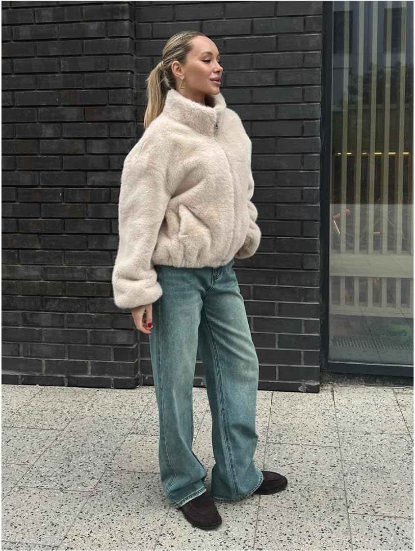 Womens Cropped Faux Fur Jacket 2025 Fluffy Coat Stand Collar Zip Up Fleece Jackets Long Sleeve Trendy Warm Outwear - Image 7