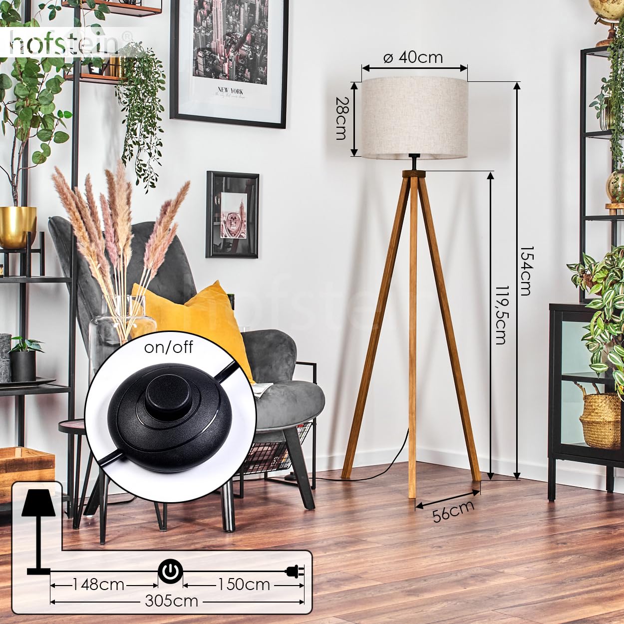 Stehleuchte Bassagoda, Stehlampe aus Holz/Stoff in Naturfarben/Beige, Leuchte im skandinavischen Design mit rundem Schirm (Ø 40 cm) u. Fußschalter, Höhe 154 cm, 1 x E27, ohne Leuchtmittel