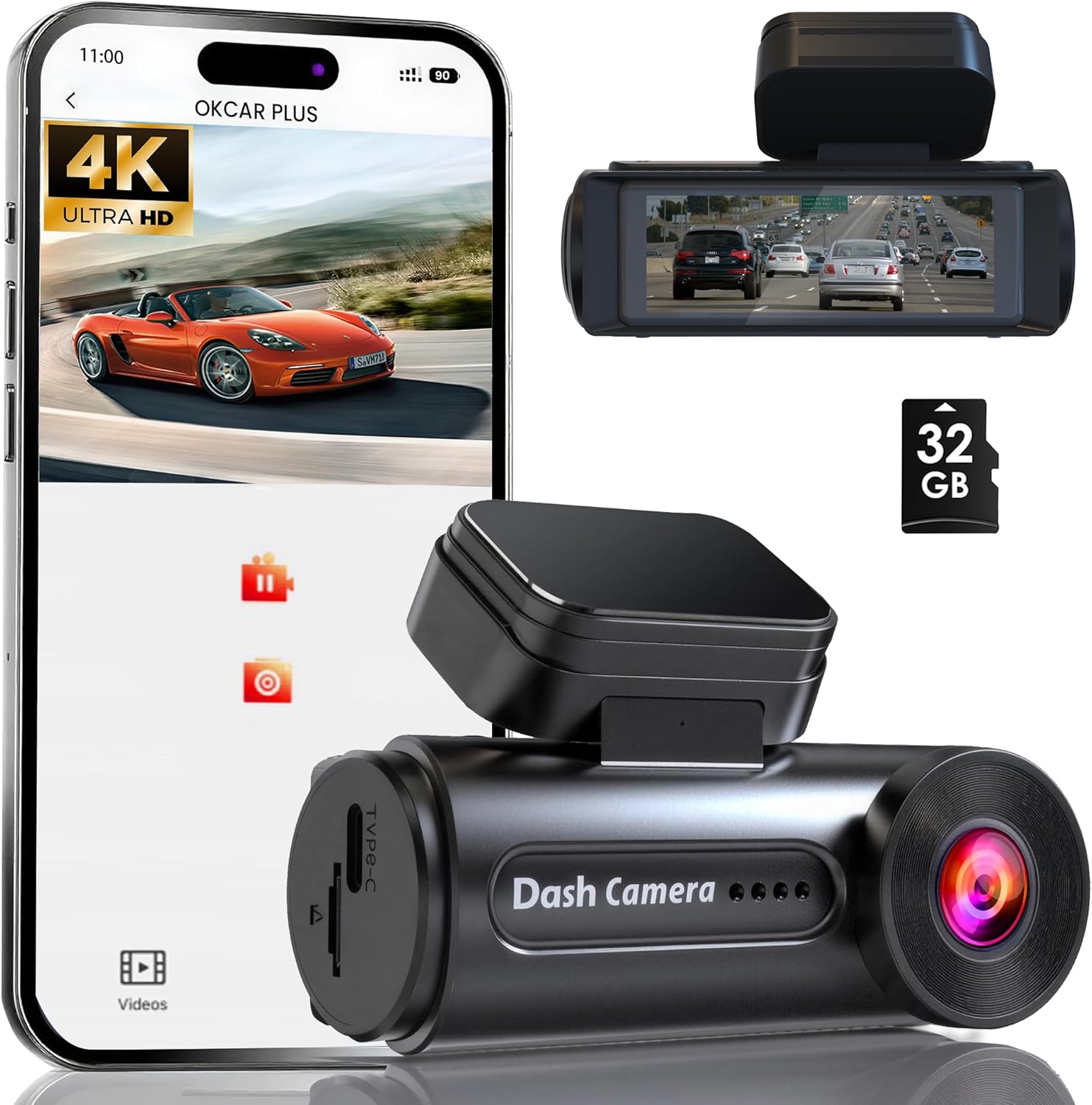 4K Dash Cam Front with Built-in WiFi, Dash Camera for Cars, 32GB Card Included, Super Night Vision Dash Camera, Loop Recording Car Camera, G-Sensor, 24H Parking Monitor, Supports Up to 256GB