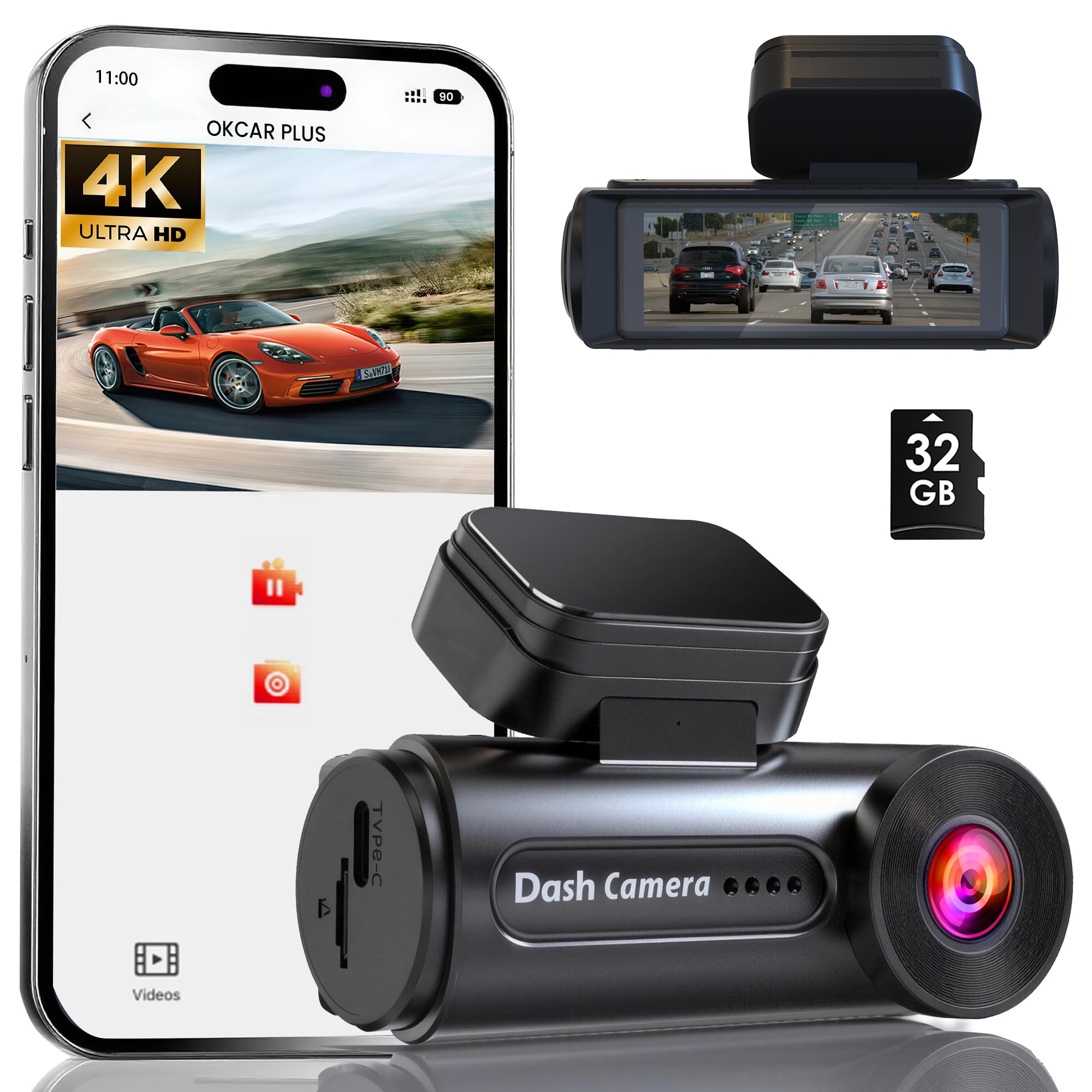 4K Dash Cam Front with Built-in WiFi Dash Camera for Cars 32GB Card Included Super Night Vision Dash