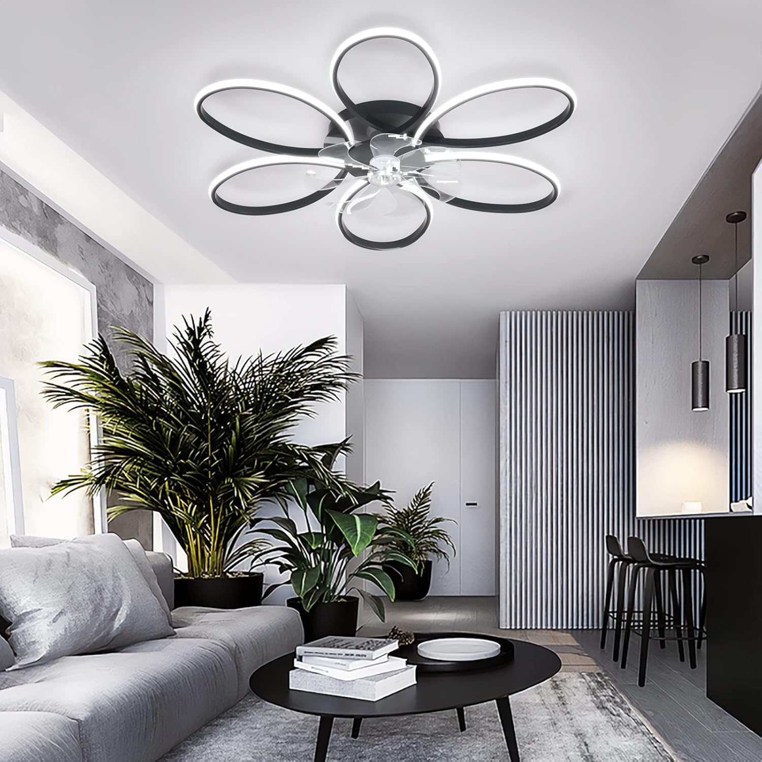 YUEGOO Ceiling Fans with Lamps,Remote App Control Silent Dimmable Ceiling Fan with Led Lamp Modern Reversible 6 Speed Timer Chandeliers with Fan for Living Room Bedroom Office/Black/D