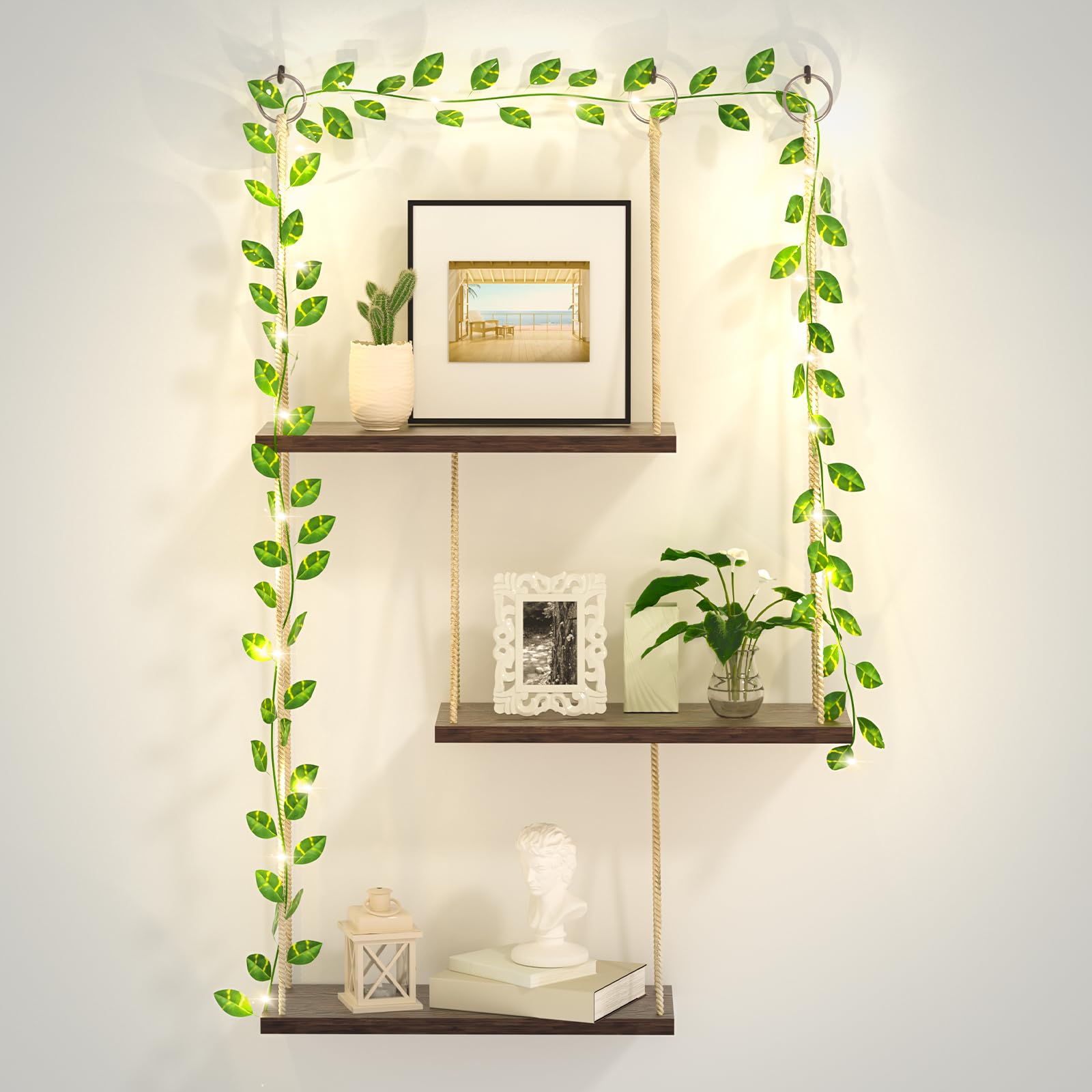 MASHDE Hanging Shelves for Wall, 3 Tier Boho Wall Decor Hanging Shelf with Vine Lights, Rope Rustic Wood Floating Shelves Floral Plant Decor for