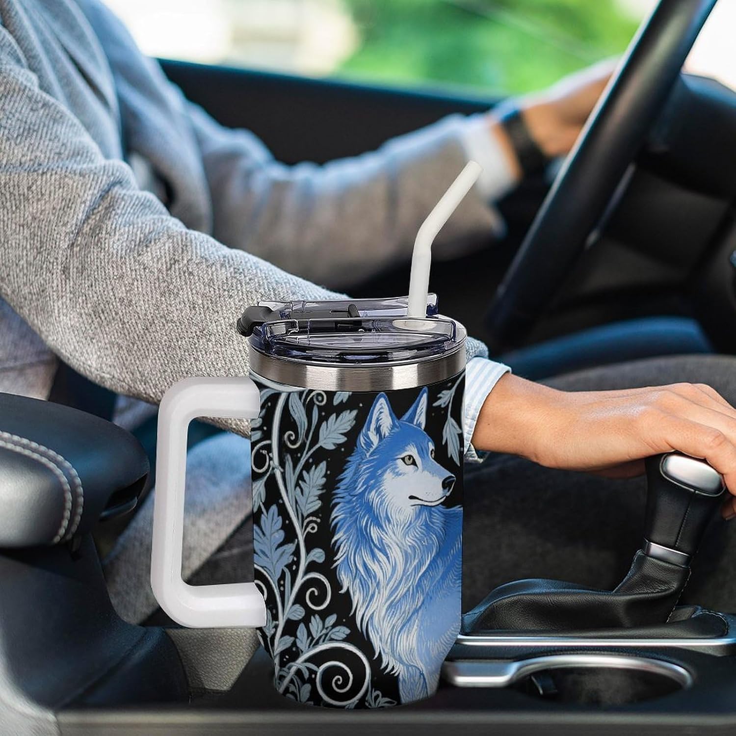 40oz Stainless Steel Blue Wolf Print Tumbler with Handle And Straw Double Wall Vacuum Insulated Travel Mug Bpa-Free Leak-Proof Water Bottle Cup Holder Friendly for Home Office Gym
