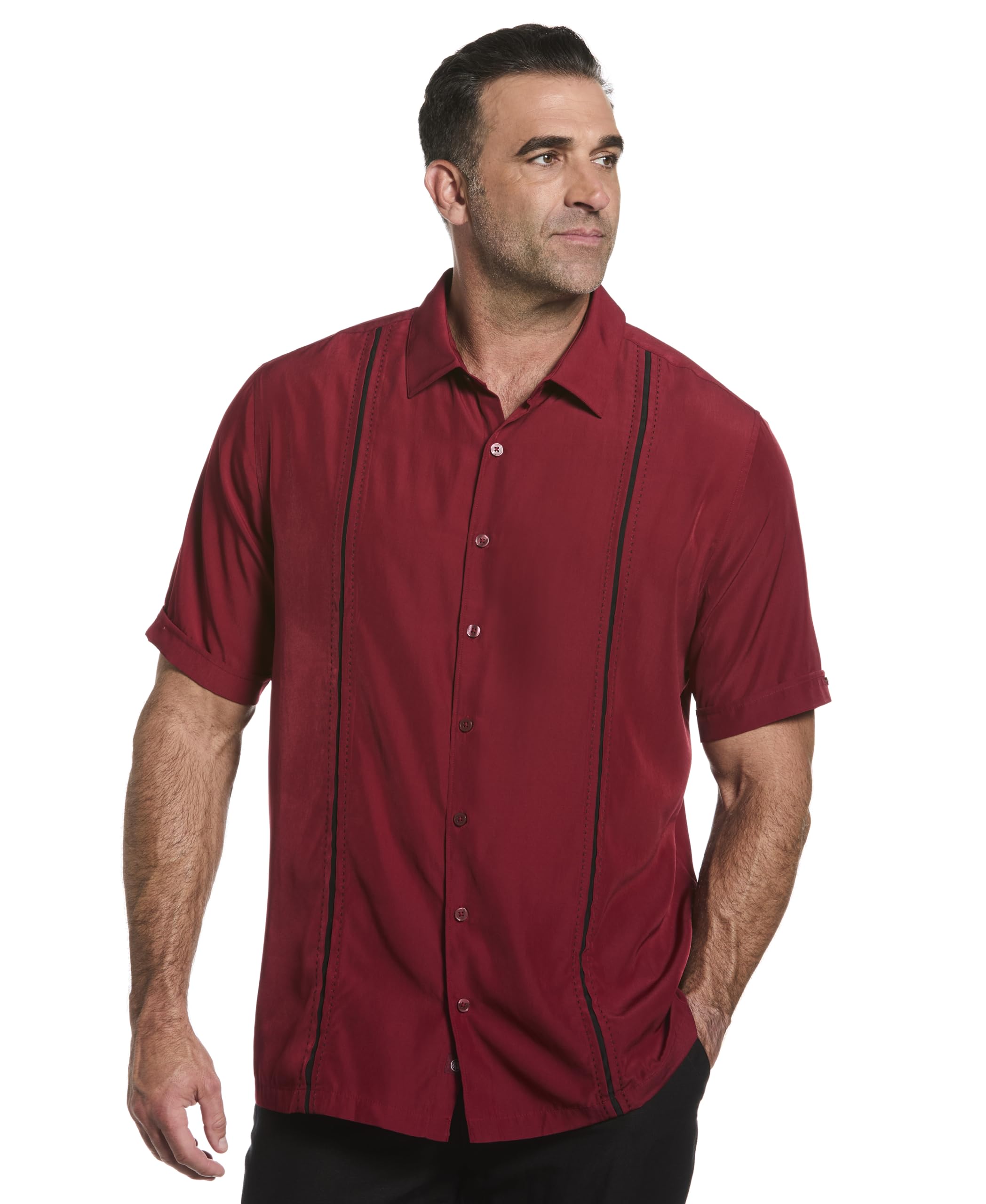 Cubavera Men's Short Sleeve Insert Panels with Pick Stitch Shirt, Biking Red, Large