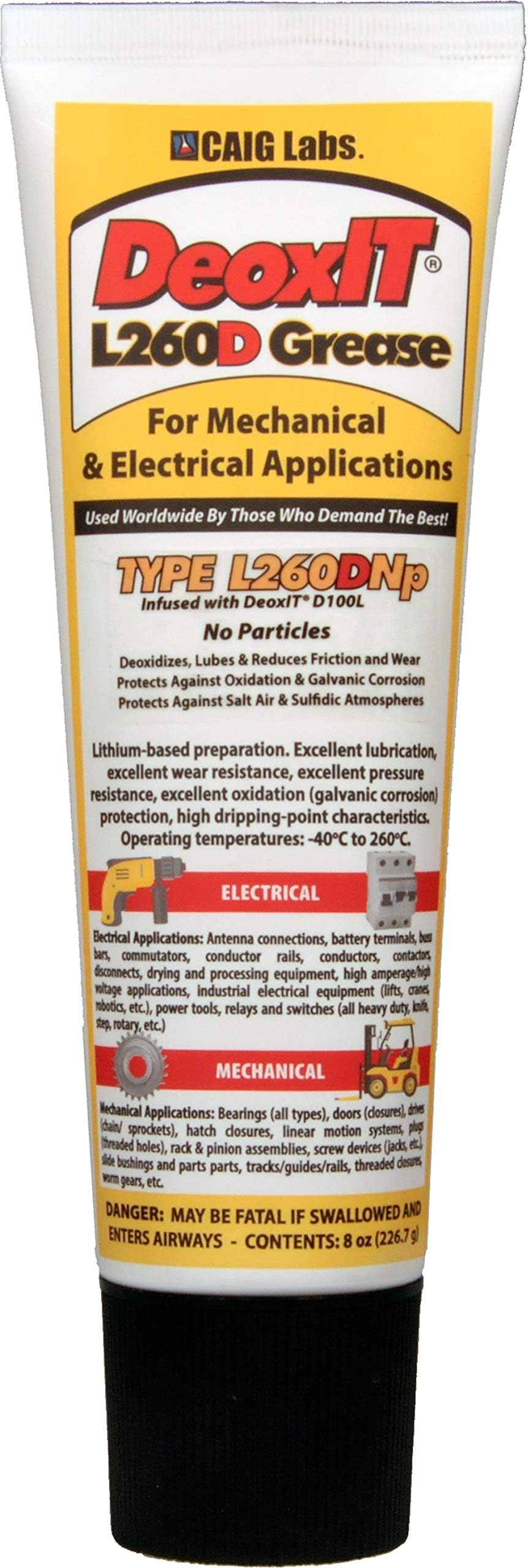 CAIG Laboratories, DeoxIT L260-DN8, Lithium Grease with Cleaner/Deoxidizer, No Particles, 226g Squeeze Tube, Pack of 1