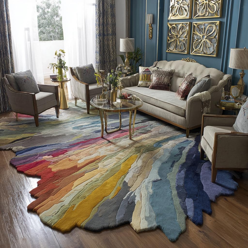 Restoration and Renovation Handmade Irregular Shape Wool Area Rug – Colorful Abstract Tufted Carpet – Modern Designer Statement Rugs for Living Room, Bedroom & Home Décor (Multicolor A, 5' x 8')