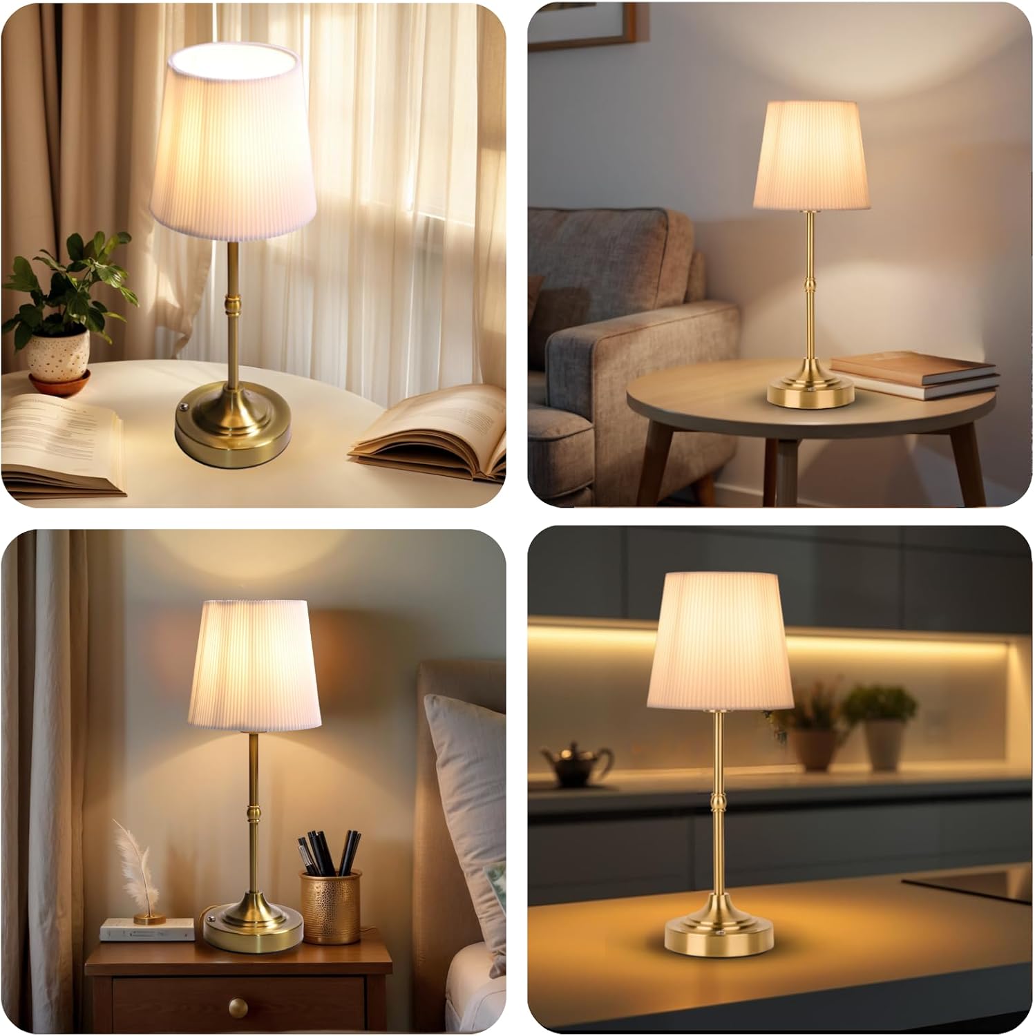 Rechargeable Table Lamp, Cordless Touch Lamps, Portable Desk Light with Stepless Dimmable Brightness & Fabric Shade for Nightstand Bedside Living Room (Gold, Twill)