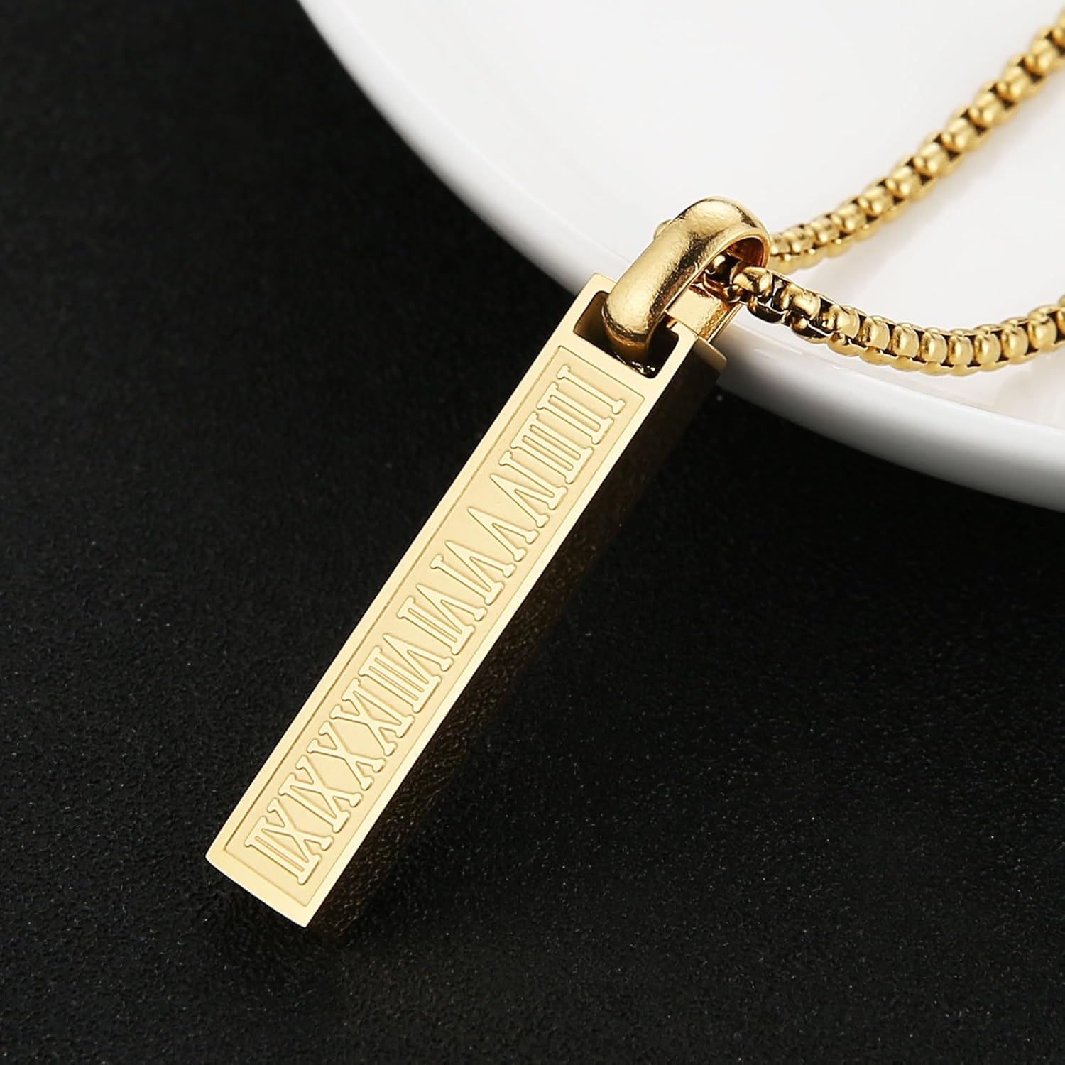 HZMAN Stainless Steel Roman Numerals Silver Gold Black Bar Necklaces for Men Vertical Bar Geomretic Pendant 22+2In Chain - Image 3