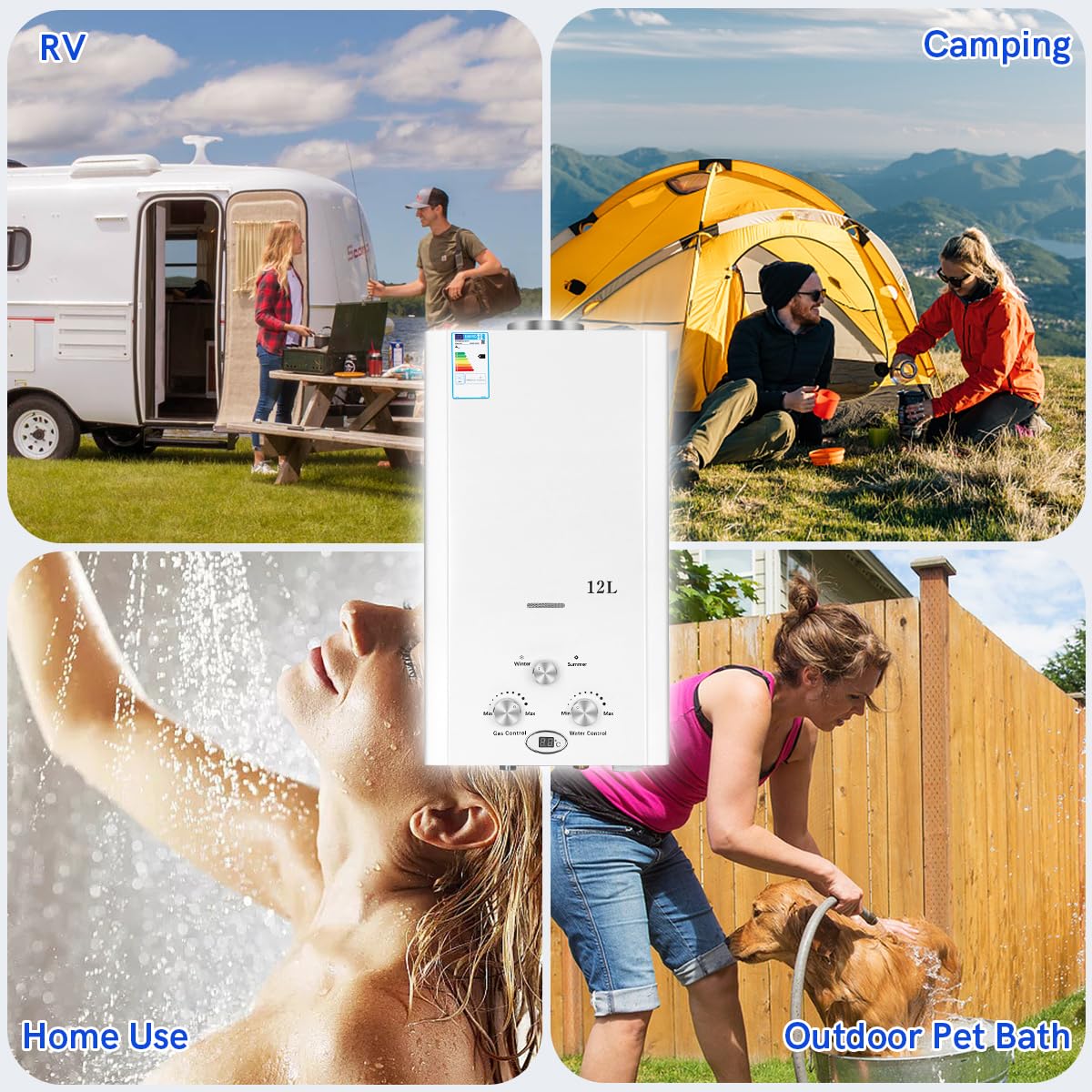 Xverycan Calentador de agua de gas de 12 litros, 24 kW, GLP, propano butano, sin tanque, para uso doméstico, camping, caravanas, cabinas al aire libre, graneros