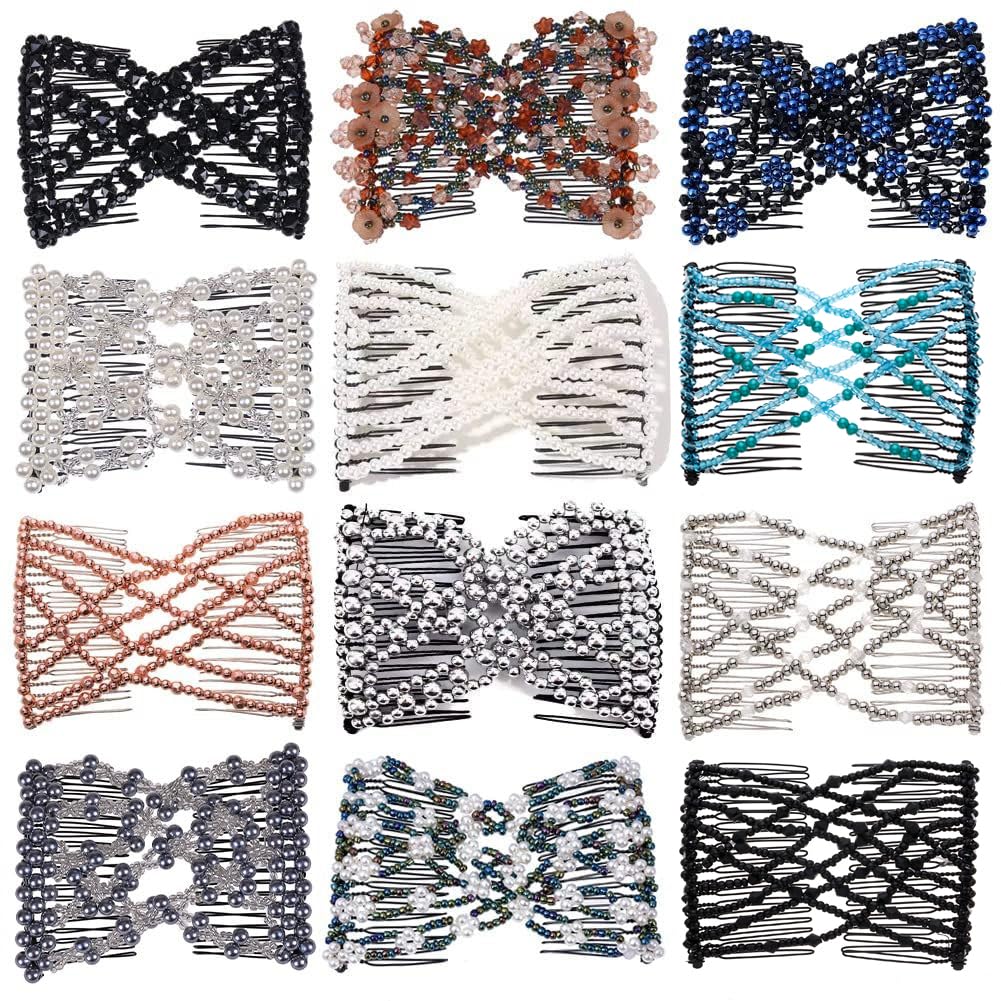 Ruihfas 12 PCS Magic Hair Side Combs Beaded Stretch Double Hair Side Combs Clips Bun Maker Hair Pins Hair Accessories for Women Curly Thick Wavy Hair Ponytail (Random Styles and Colors)