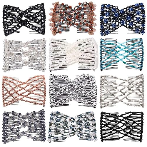 Ruihfas 12 peines laterales mágicos para el cabello, con cuentas, elásticos, doble cara, clips para hacer moños, accesorios para el cabello para