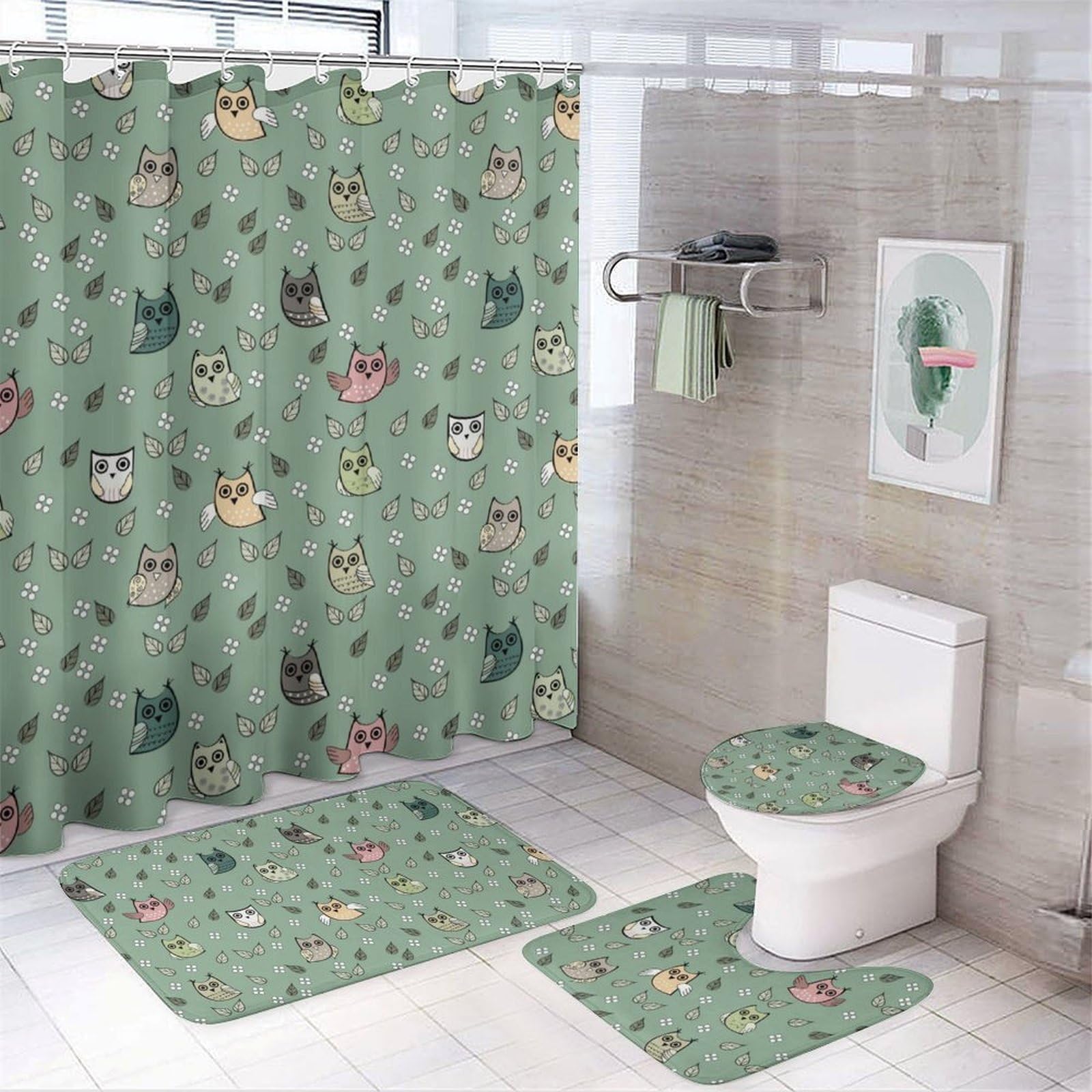 JZemdybill Bathroom Mat Set 4 Piece, Owl Animal Shower Curtain with Non-Slip Bath Mats for Bathroom