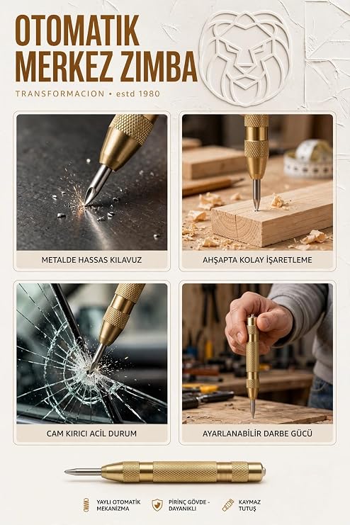 Transformacion Otomatik Yaylı Merkez Zımbası Pirinç Noktalama Kalemi Çekiçsiz Matkap Kılavuz Açıcı Metal Ahşap İşaretleme Aleti HSS Uçlu Ayarlanabilir Profesyonel Cam Kırıcı 723521