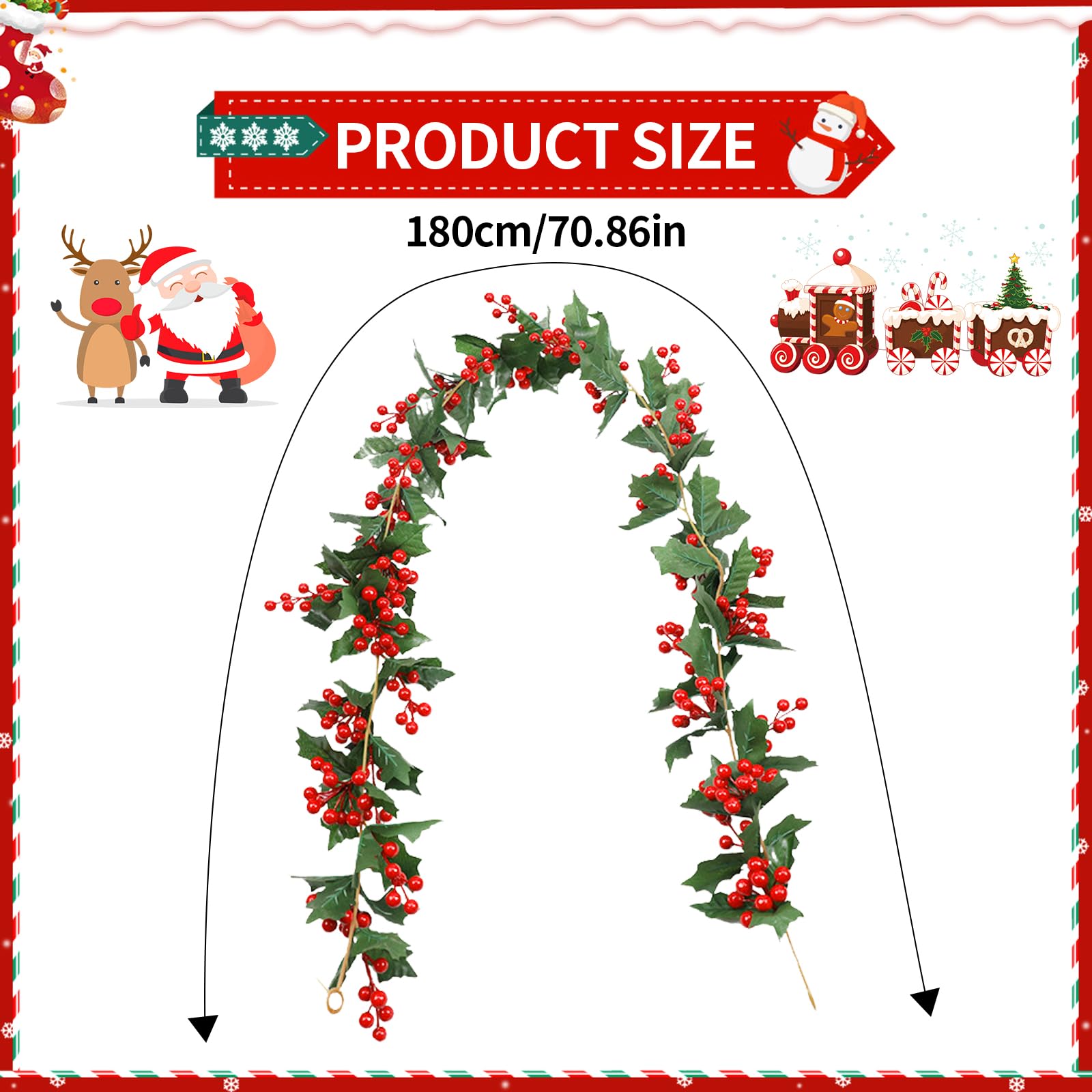 5.9 FT Pre-Lit Christmas Garland With Red Berries, 20 LED Lights Mantle Fireplace Stairs Table Home Door Indoor Outdoor