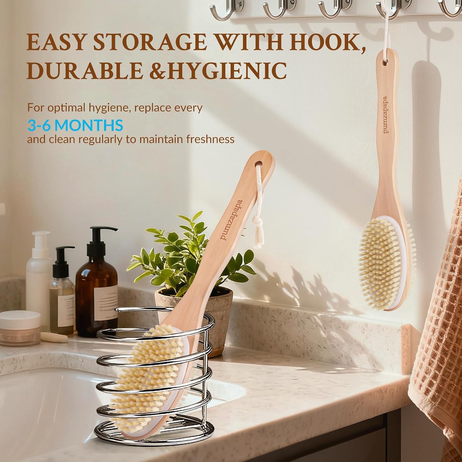 Double-Sided Body Brush, Long-Handled Bath Brush Set, Dry/Wet Dual-Use Exfoliating Wooden Cleansing Brush, Unisex Cleansing Scrub Brush, 2 Pack