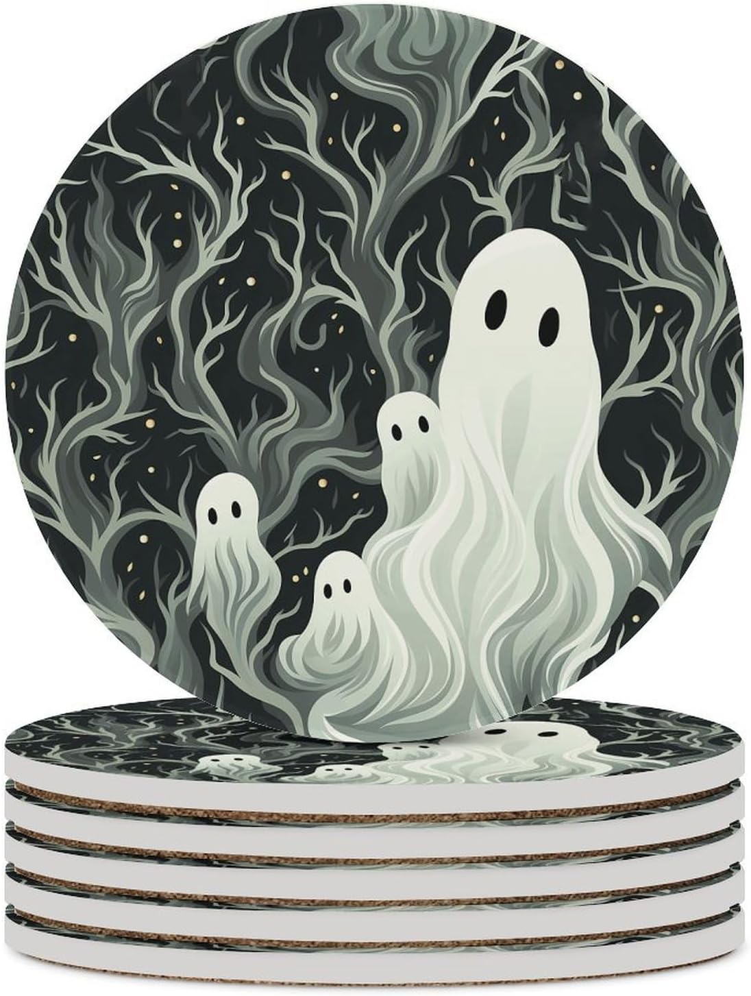 6PCS White Patterned Ghost Coasters Non-Slip Round Drink Coasters with Ceramic Stone and Cork Base, Heat Resistant Absorbent 33.00Stone Coaster Set for Kinds of Mugs and Cups, 4 Inch