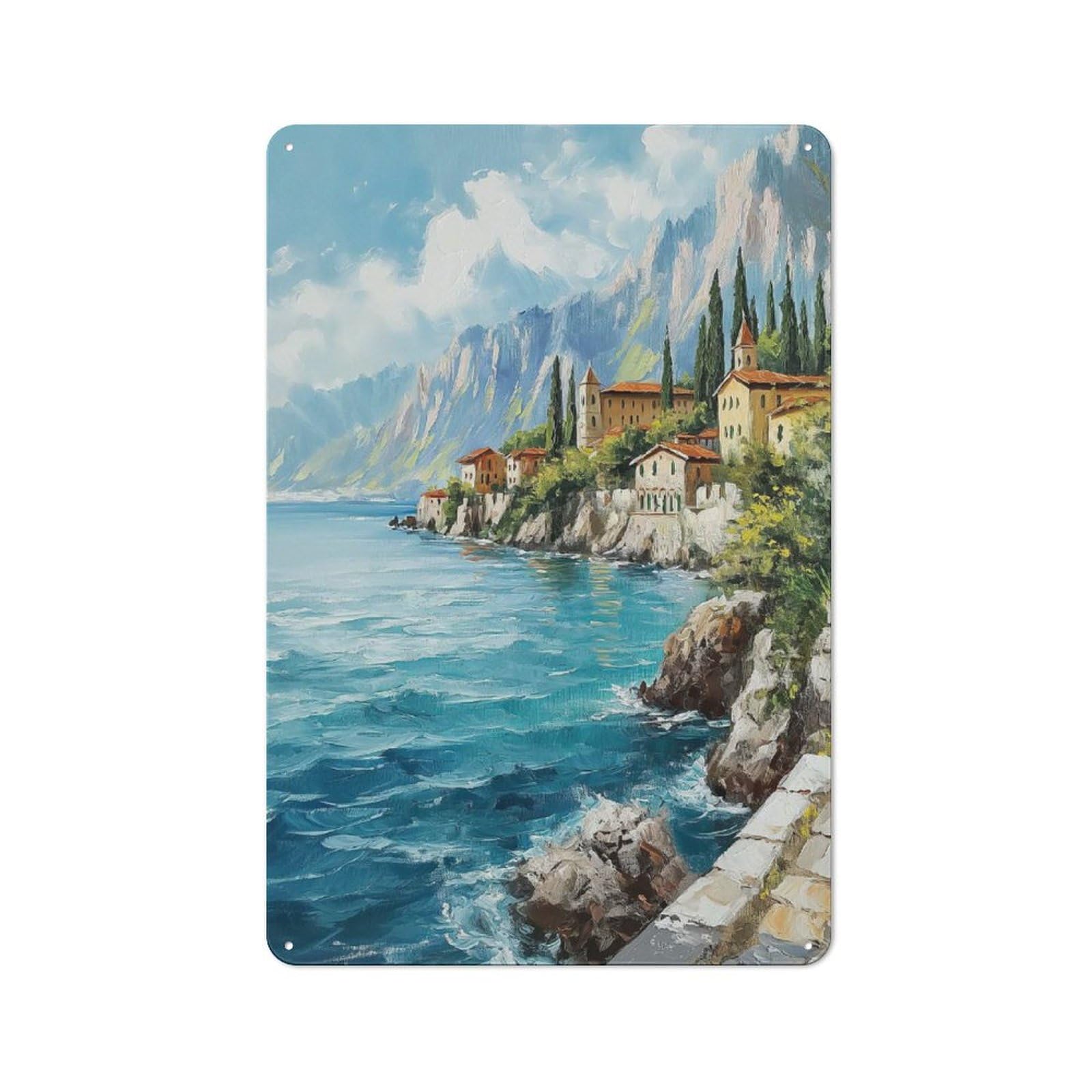 Junmoney Style-9 Tin Wall Plaque 30X20cm With Coastal Village Painting For Café Or Restaurant, New Home Wall Decor For Hospitality Interior Collectors