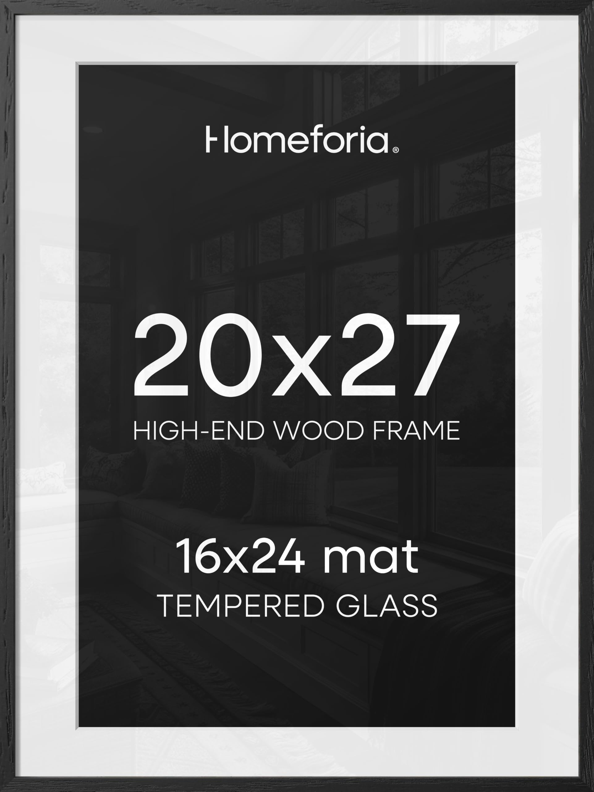 Homeforia 20x27 Picture Frame Black Wood, High End Oak 20x27 Poster Frames with Mat 16x24 Photo, 20 x 27 Wooden Frame Matted to 16 by 24 Print, 27x20 Hanging Frames, Tempered Glass, Wall Kit, Set of 1