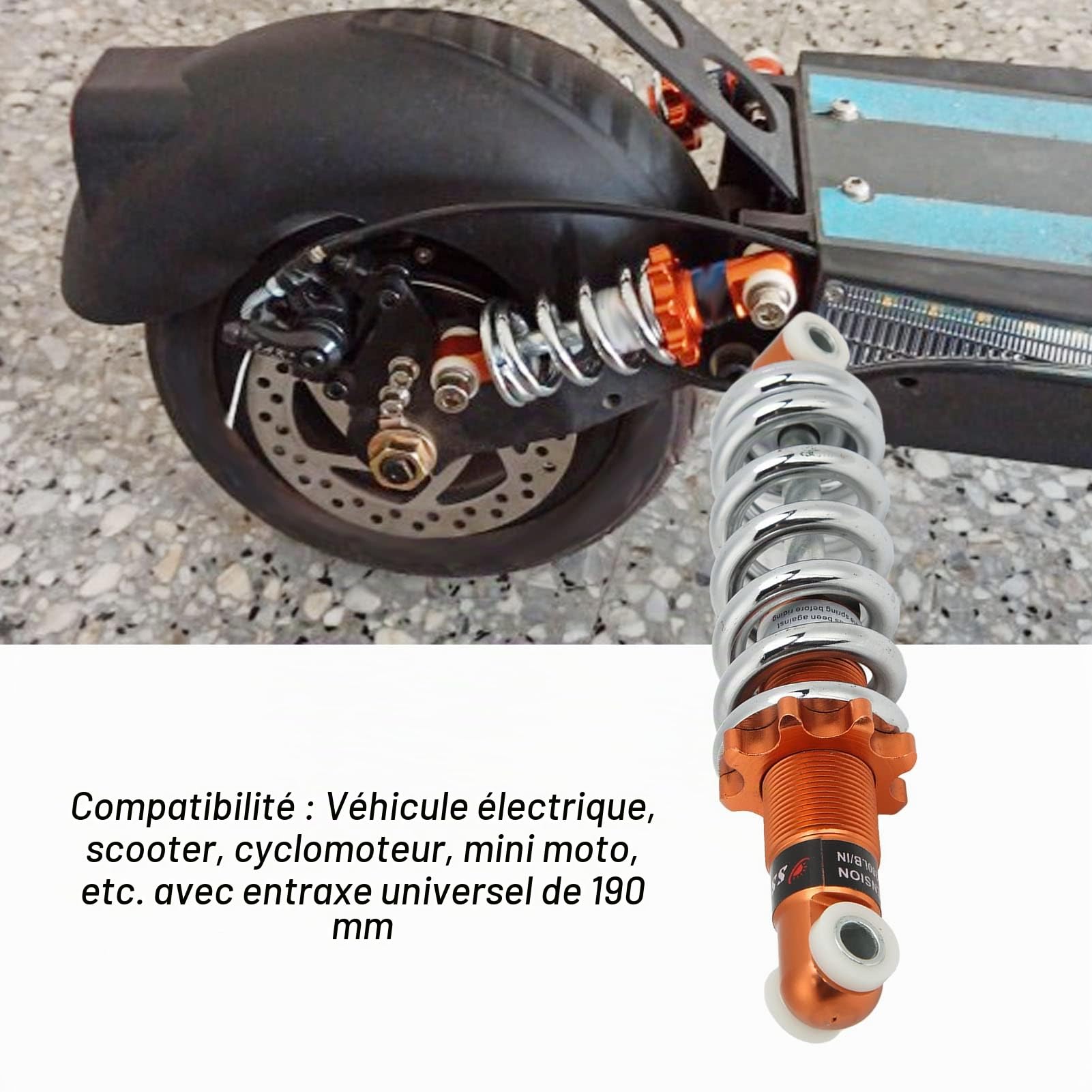 Tissting Amortisseur Arrière de Moto 190mm 1200lbs 8mm Trou Universel Amortissement Suspension Amortisseur à Ressort Réglable pour Mini Pocket Bike, Scooter électrique, Dirt Bike
