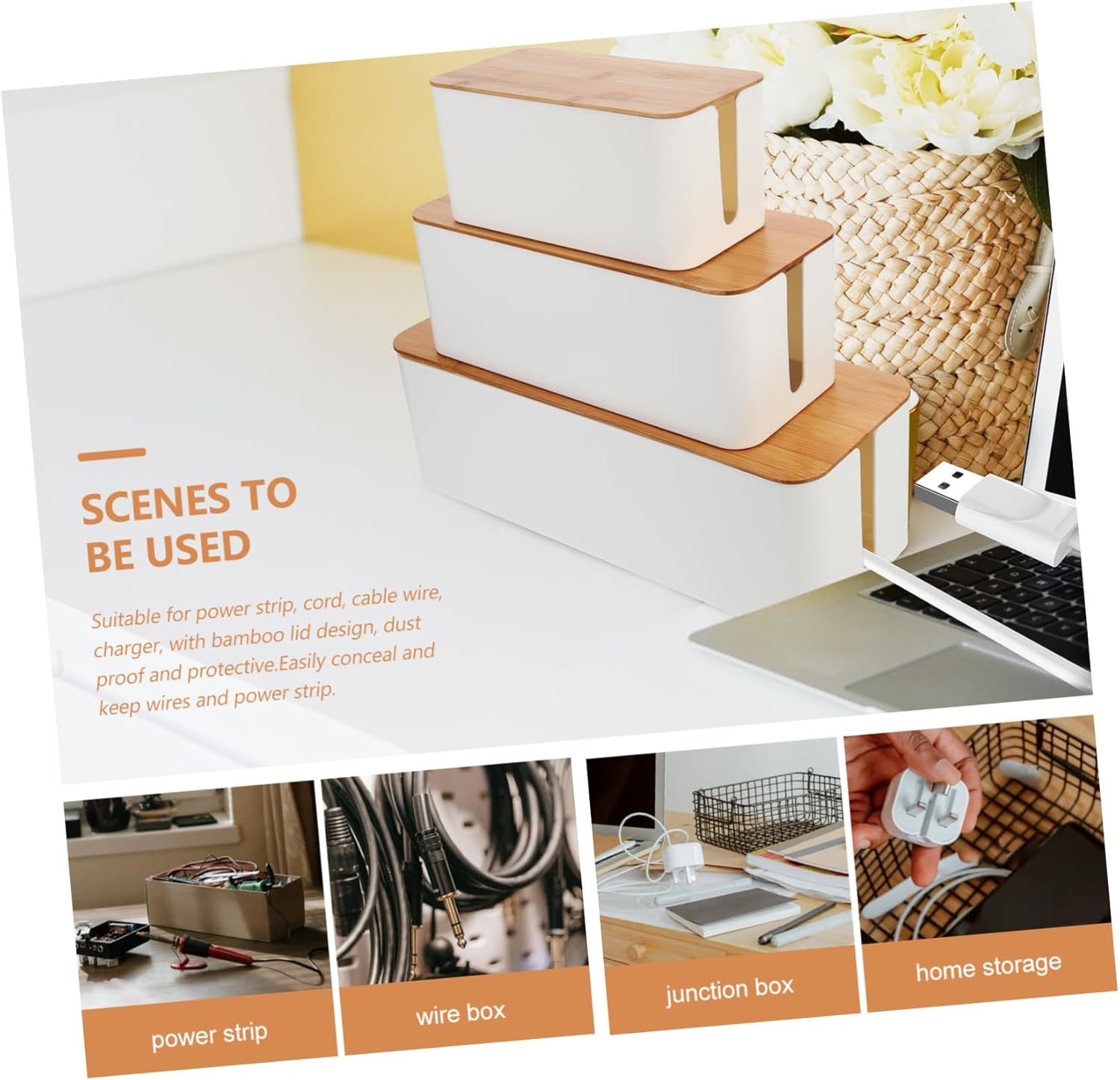 Homoyoyo 3pcs Box with Lids Wire Organizer for Cords Chargers Storage for Home Office