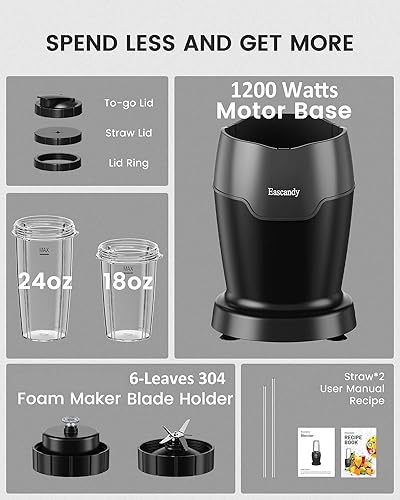 Miniatura 6 de Batidora de batido real de 1200 vatios para batidos y batidos, juego de licuadora personal 7 en 1, Alemania 3D de acero inoxidable 6 hojas para