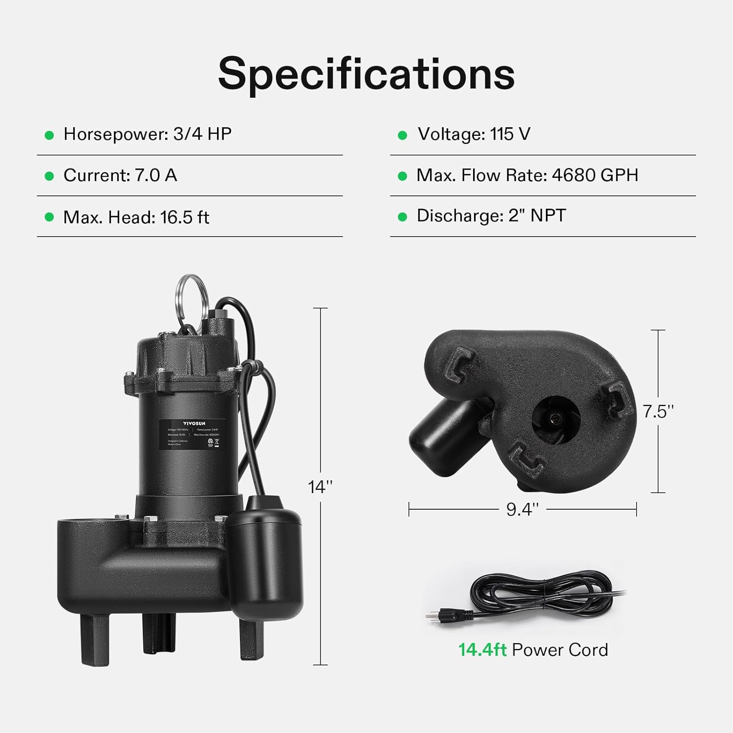 VIVOSUN 3/4HP Submersible Sewage/Effluent Pump, 4680 GPH, Cast Iron Sump Pump with Automatic Adjustable Float Switch & 2'' NPT discharge, Perfect for Sewage System, Septic Tank, Basement